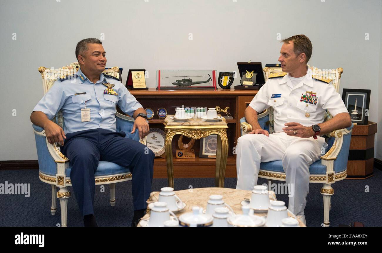 US military forces. RUNEI (November 6, 2017) Royal Brunei Air Force Commander Brigadier General Dato Seri Pahlawan Shahril Anwar bin Haji Ma’awiah conducts an office call  Rear Adm. Don Gabrielson, commander, Logistics Group Western Pacific, Task Force 73, during Cooperation Afloat Readiness and Training (CARAT) Brunei 2017 Nov. 06. CARAT is a series of annual maritime exercises between the U.S. Navy, U.S. Marine Corps and the armed forces of partner nations to include Bangladesh, Brunei, Indonesia, Malaysia, Sri Lanka, Singapore, Thailand, and Timor-Leste. (U.S. Navy photo by Mass Communicati Stock Photo
