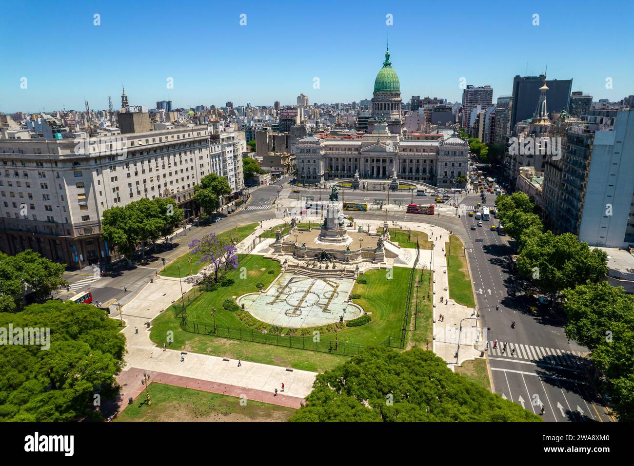 Beautiful aerial view of the Argentina flag waving, the Palace of the Argentine National Congress, in the city of Buenos Aires, Argentina Stock Photo