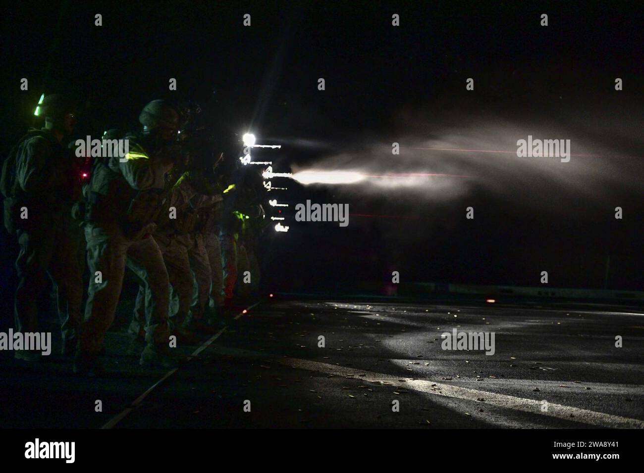 US military forces. 171118BK384-449 MEDITERRANEAN SEA (Nov. 18, 2017) U.S. Marines assigned to the 15th Marine Expeditionary Unit (MEU) participate in a low light live-fire exercise aboard the San Antonio-class amphibious transport dock ship USS San Diego (LPD 22) Nov. 18, 2017. San Diego is deployed with the America Amphibious Ready Group and the 15th MEU to support maritime security and theater security cooperation in efforts in the U.S. 6th Fleet area of operations. (U.S. Navy photo by Mass Communication Specialist 3rd Class Justin A. Schoenberger/Released) Stock Photo