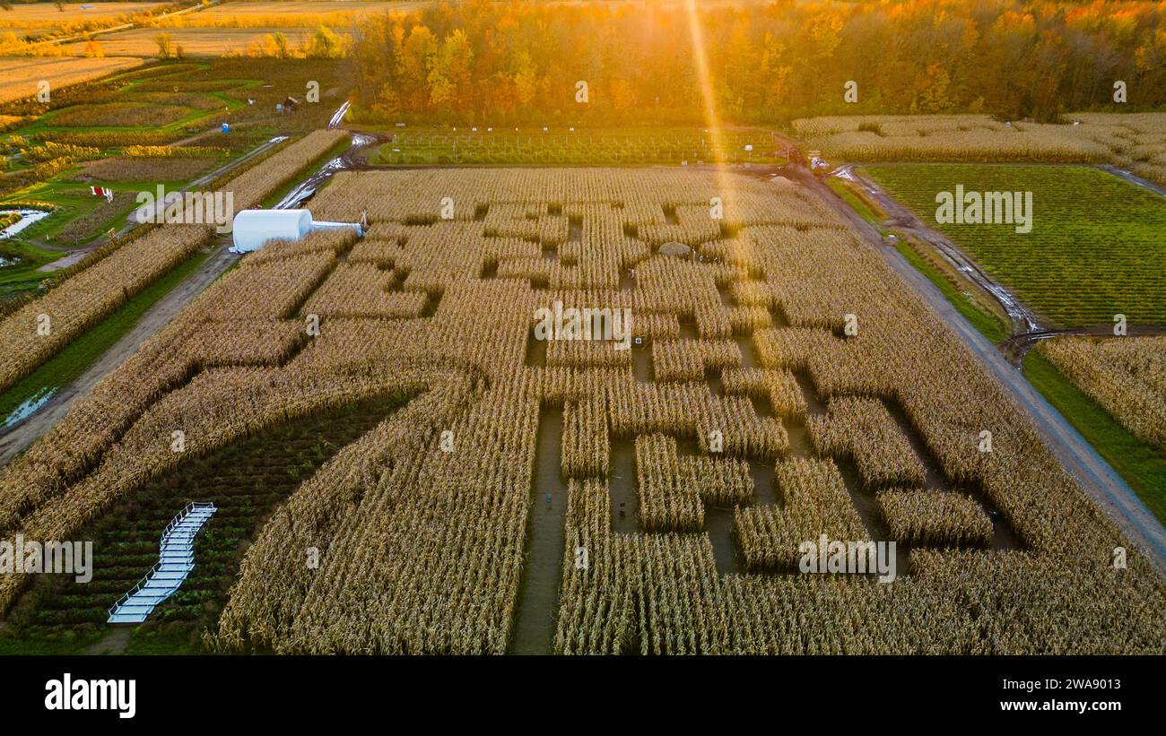Quebec, Canada Oct. 29 2023 Panorama aeriel photo of Corn field maze