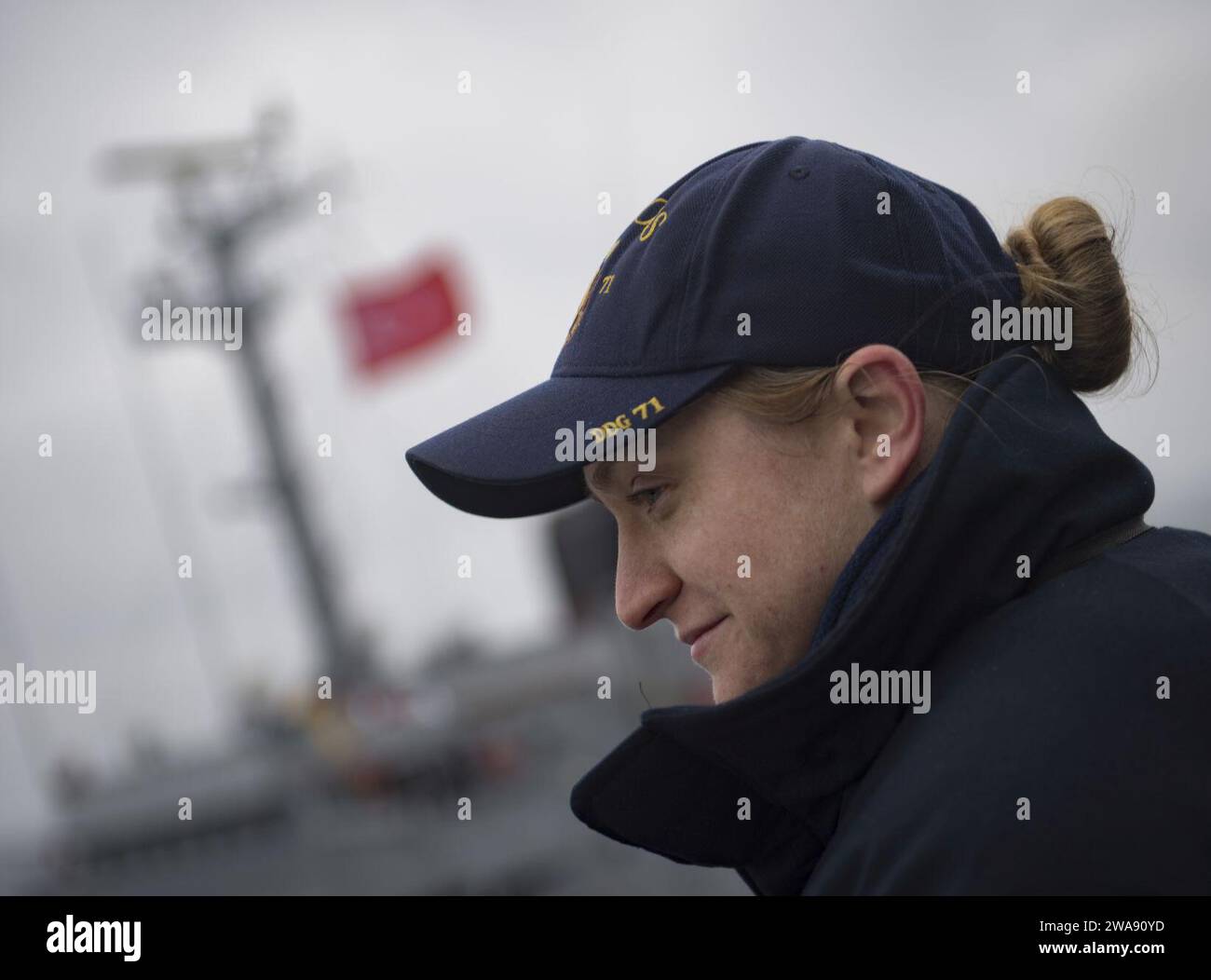 US military forces. 180217RG482-065 BLACK SEA (Feb. 17, 2018) Lt. Carleigh Gregory stands watch aboard the Arleigh Burke-class guided-missile destroyer USS Ross (DDG 71) during a refueling-at-sea with the Turkish Akar-class replenishment oiler TCG Yuzbasi Kudret Gungor (A 595) Feb. 17, 2018 in the Black Sea. Ross, forward-deployed to Rota, Spain, is on its sixth patrol in the U.S. 6th Fleet area of operations in support of regional allies and partners and U.S. national security interests in Europe. (U.S. Navy photo by Mass Communication Specialist 1st Class Kyle Steckler/Released) Stock Photo