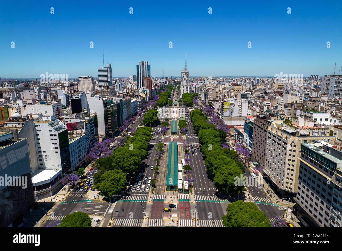 Beautiful aerial footage of the 9 of July avenue, the Republic plaza the landmark Obelisk and the impressive architecture of buildings Stock Photo