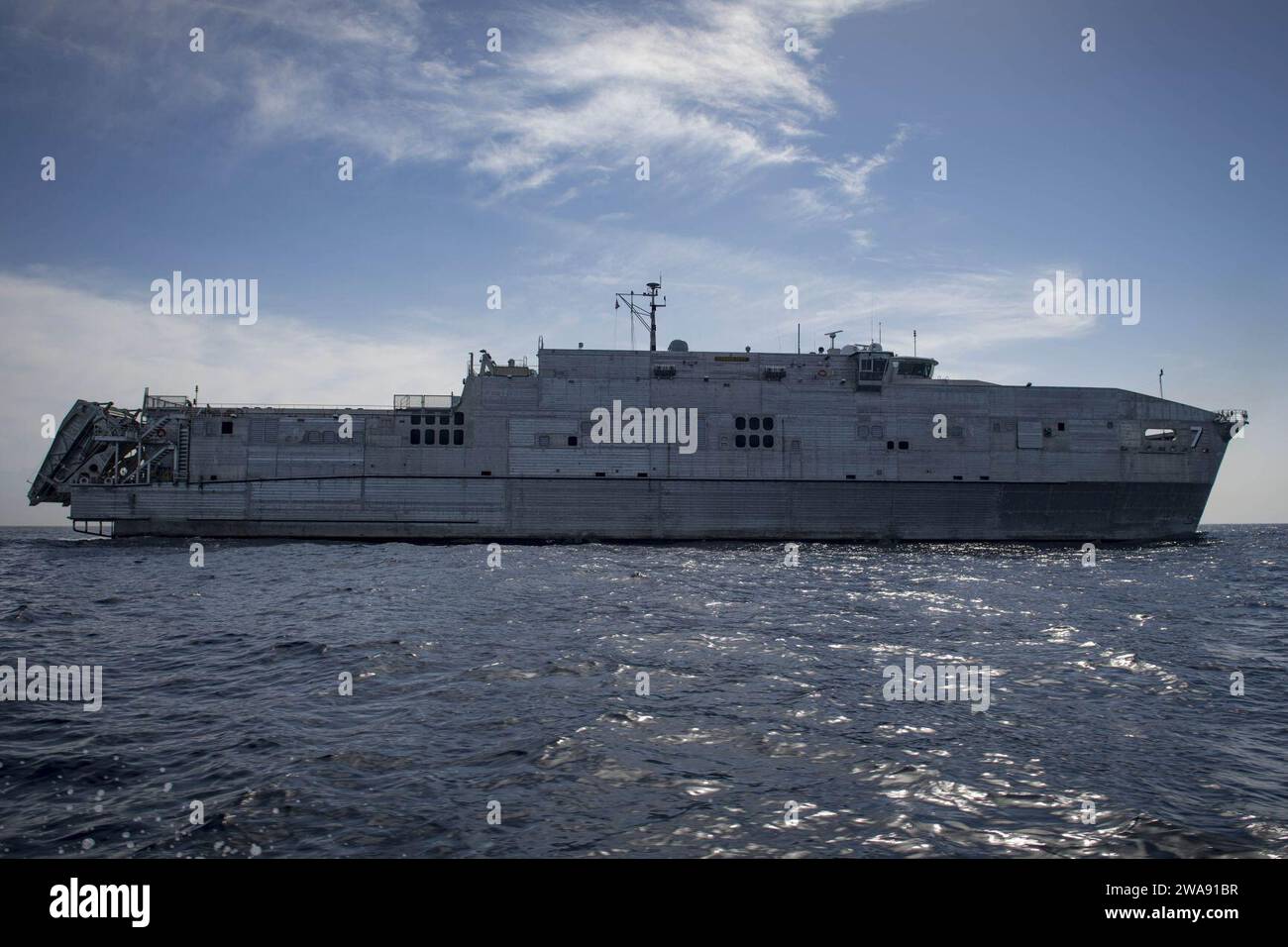 US military forces. 180303JI086-331 IONIAN SEA (Feb. 3, 2018) The Military Sealift Command expeditionary fast transport ship USNS Carson City (T-EPF 7) transits the Ionian Sea, March 3, 2018. Carson City is conducting naval operations in the U.S. 6th Fleet area of operations to advance security and stability in the region. (U.S. Navy photo by Mass Communication Specialist 3rd Class Ford Williams/Released) Stock Photo