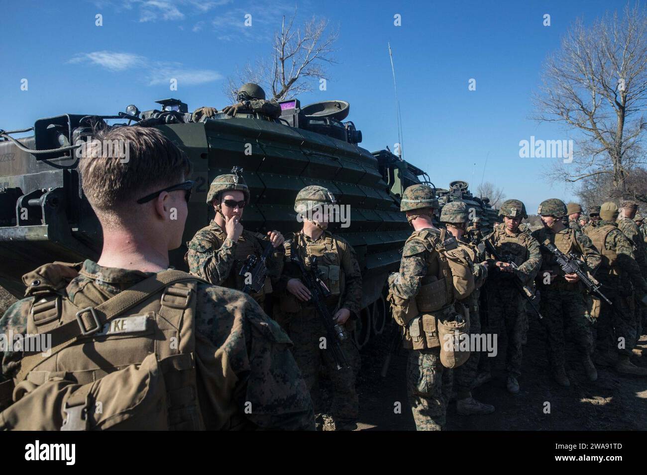 US military forces. 180311NZ408-0031 CAPU MIDIA TRAINING AREA, Romania (March 11, 2018) Marines with Fox Company, Battalion Landing Team, 2nd Battalion, 6th Marine Regiment, 26th Marine Expeditionary Unit, conduct AAV-P7/A1 assault amphibious vehicle familiarization training with members of the Romanian 307th Naval Infantry during exercise Spring Storm 2018, at Capu Midia Training Area, Romania, March 11, 2018. Spring Storm is a Romanian-led exercise in the Black Sea to enhance amphibious operations and staff interoperability between Romanian and U.S. naval forces. (U.S. Marine Corps photo by Stock Photo