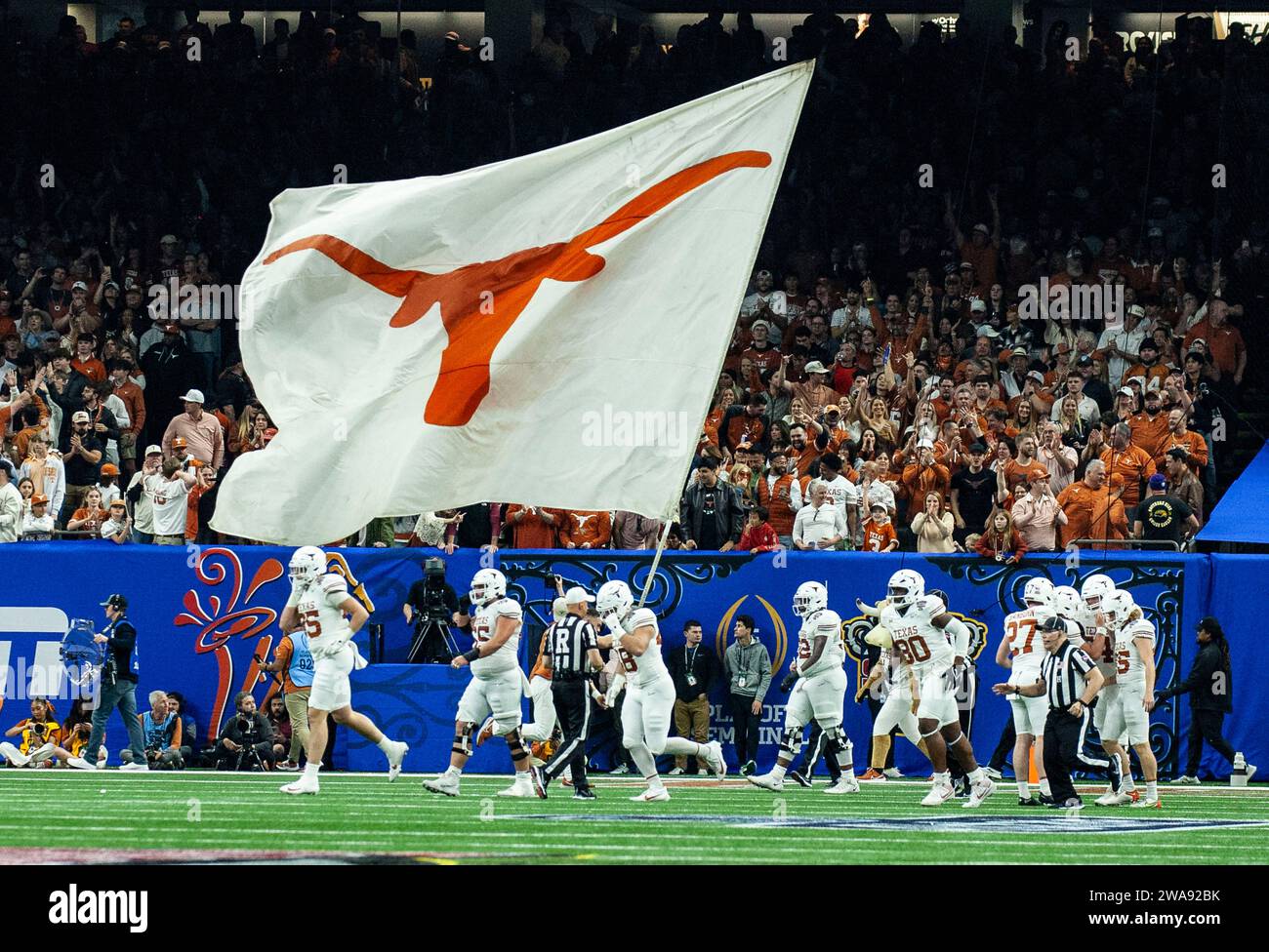 January 01 2024 New Orleans LA U.S.A. Texas flag flys after a longhorn