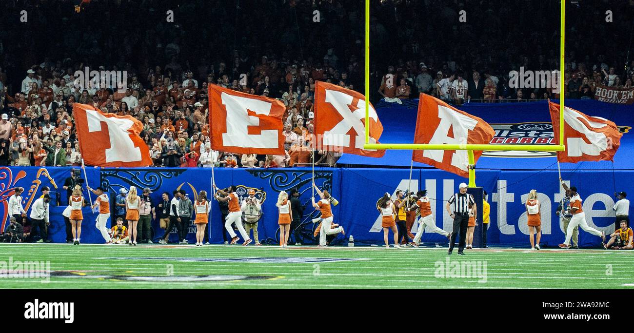 January 01 2024 New Orleans LA U.S.A. Texas flags fly after a longhorn