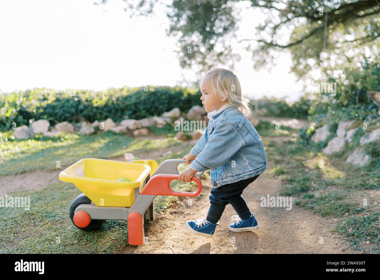 Little girl with a toy wheelbarrow walks along a dirt path in the park ...