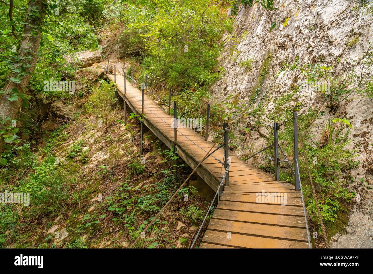 Path of the Vero River footbridges in Alquezar. Huesca Pyrenees Stock Photo