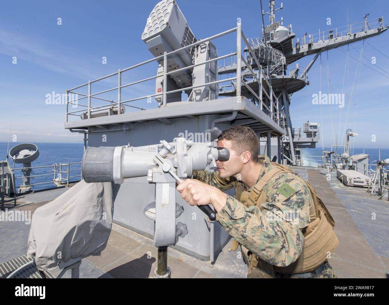 US military forces. 180522PC620-0066 STRAIT OF GIBRALTAR (May 22, 2018) U.S. Marine 1st Lt. Austin Lorah, stands lookout as the Harpers Ferry-class dock landing ship USS Oak Hill (LSD 51) transits the Strait of Gibraltar May 22, 2018. Oak Hill, homeported in Virginia Beach, Virginia, is conducting naval operations in the U.S. 6th Fleet area of operations. (U.S. Navy photo by Mass Communication Specialist 3rd Class Michael H. Lehman/Released) Stock Photo