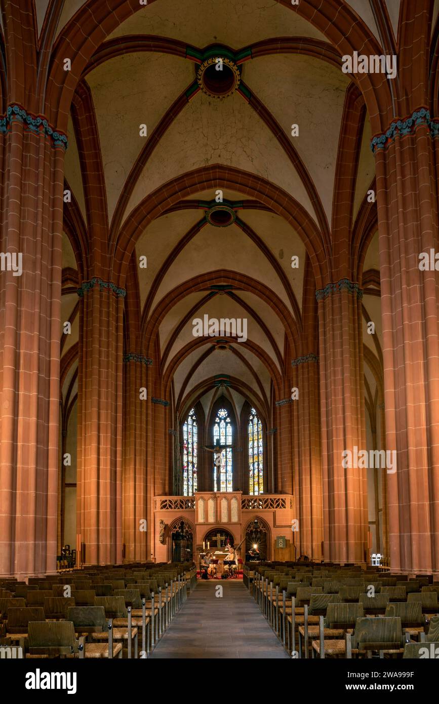 Church of Our Lady, Gothic hall church, interior, nave with cross vault, arcades, altar, rood screen, musicians rehearse for concert, Old Town, Friedb Stock Photo