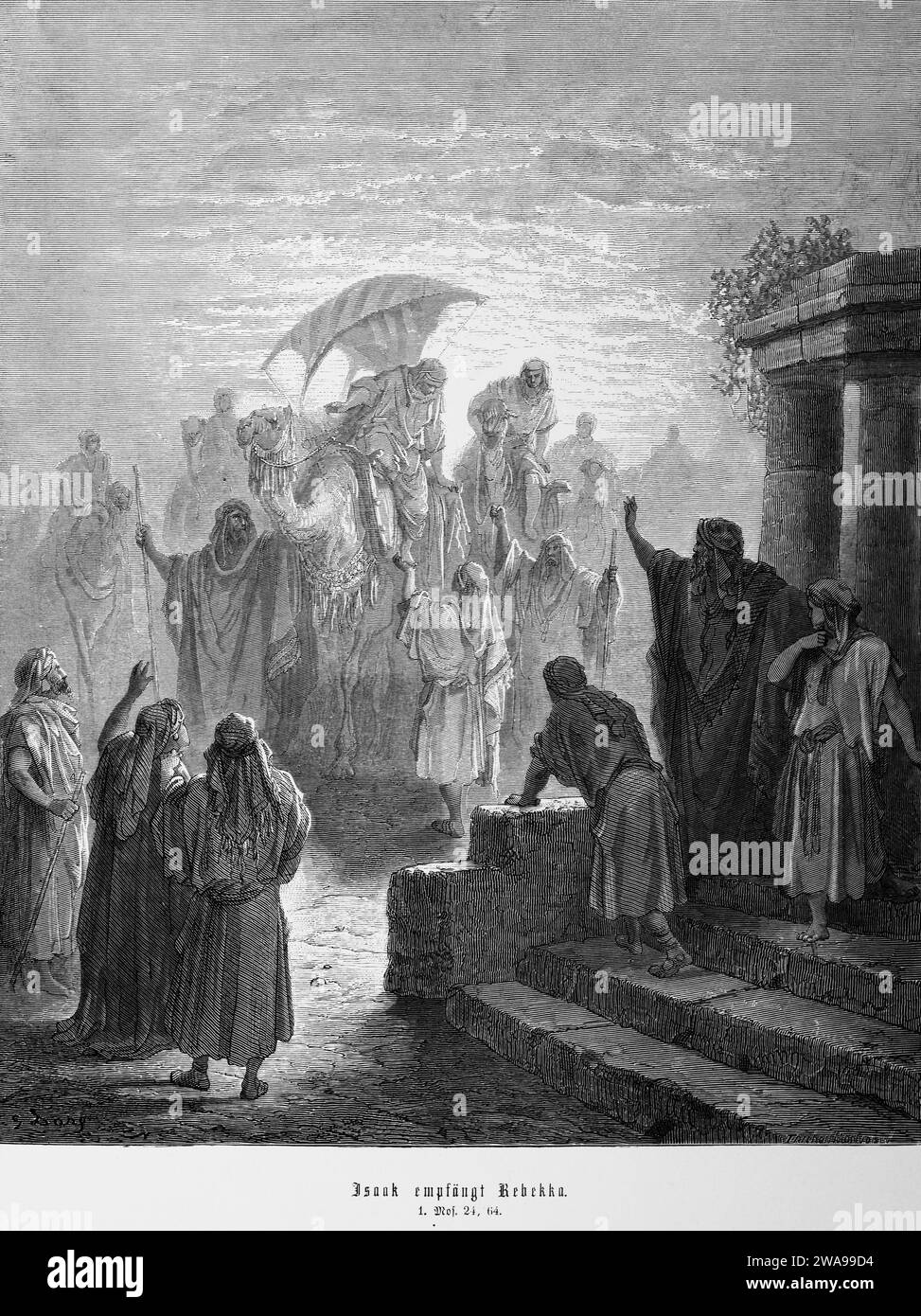 Bible, Isaac receives Rebekah, Genesis, 24, 64, camel, horsewoman, many