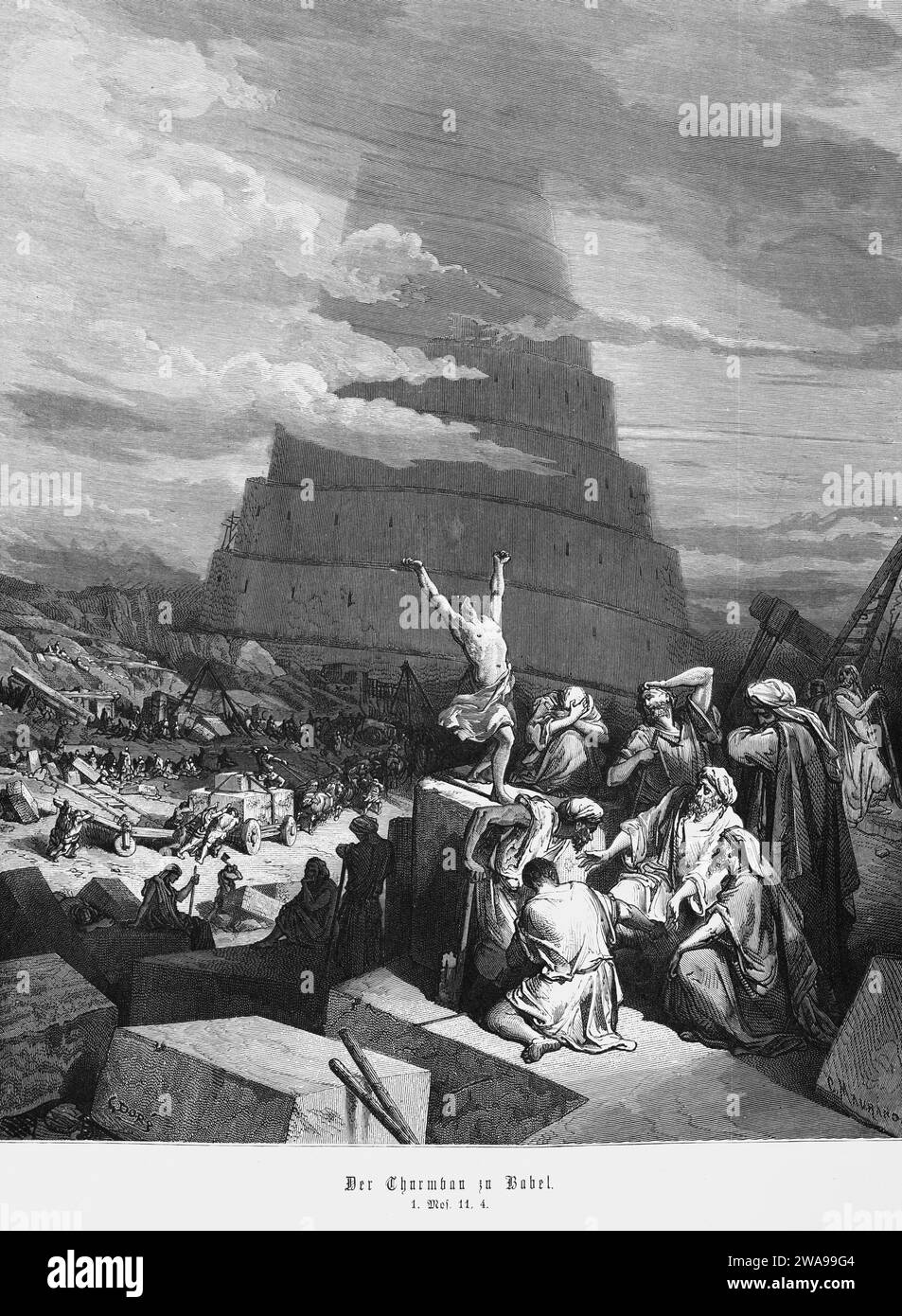 Bible, Tower of Babel, Genesis, 11, 4, crowd, construction, round tower, Babylon, confusion of languages, workers, high, sky, clouds, gigantic, arroga Stock Photo