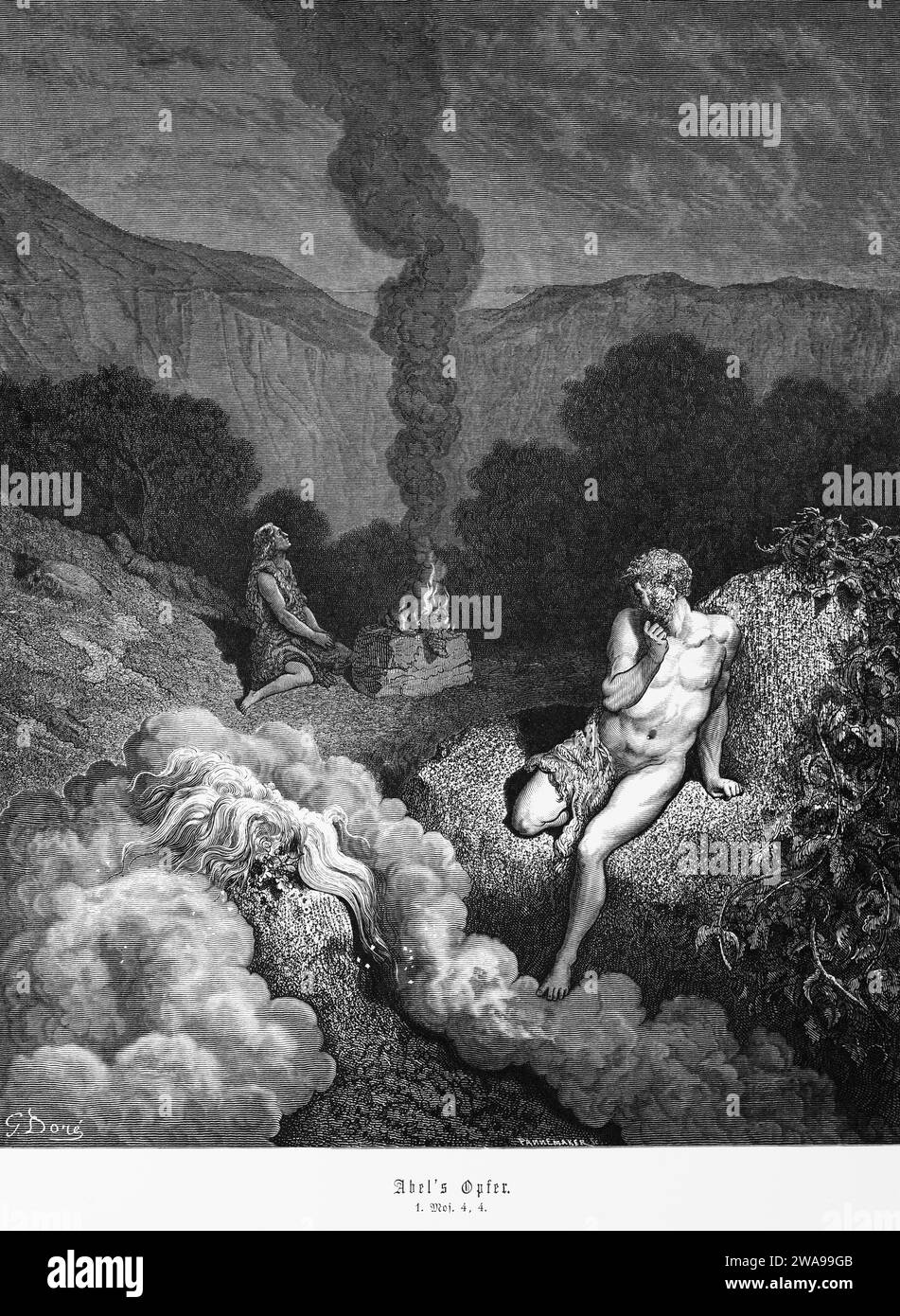 Bible, Abel's sacrifice, Genesis 4, Moses, Old Testament, mountain landscape, brothers Cain and Abel, firstlings, sacrificing lambs, fire, smoke, hist Stock Photo