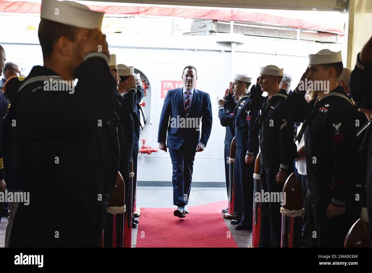 US military forces. 180615XT273-1745 KIEL, Germany (June 15, 2018) Sailors render honors to Richard Grenell, U.S. Ambassador to Germany, during a reception aboard the Blue Ridge-class command and control ship USS Mount Whitney (LCC 20) June 15, 2018, in Kiel, Germany, for Kiel Week. Mount Whitney, forward-deployed to Gaeta, Italy, operates with a combined crew of U.S. Navy Sailors and Military Sealift Command civil service mariners. (U.S. Navy photo by Mass Communication Specialist 1st Class Justin Stumberg/Released) Stock Photo