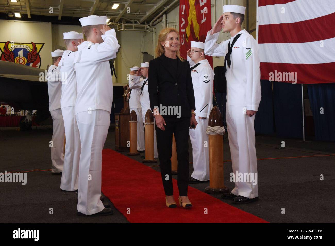US military forces. 180623PE636-0141 MARSEILLE, France (June 23, 2018) Ambassador Jamie D. McCourt, U.S. Ambassador to the French Republic and Principality of Monaco receives side-boy honors during a reception aboard the Nimitz-class aircraft carrier USS Harry S. Truman (CVN 75). Truman is currently deployed as part of an ongoing rotation of U.S. forces supporting maritime security operations in international waters around the globe. (U.S. Navy photo by Mass Communication Specialist 2nd Class Anthony Flynn/Released) Stock Photo