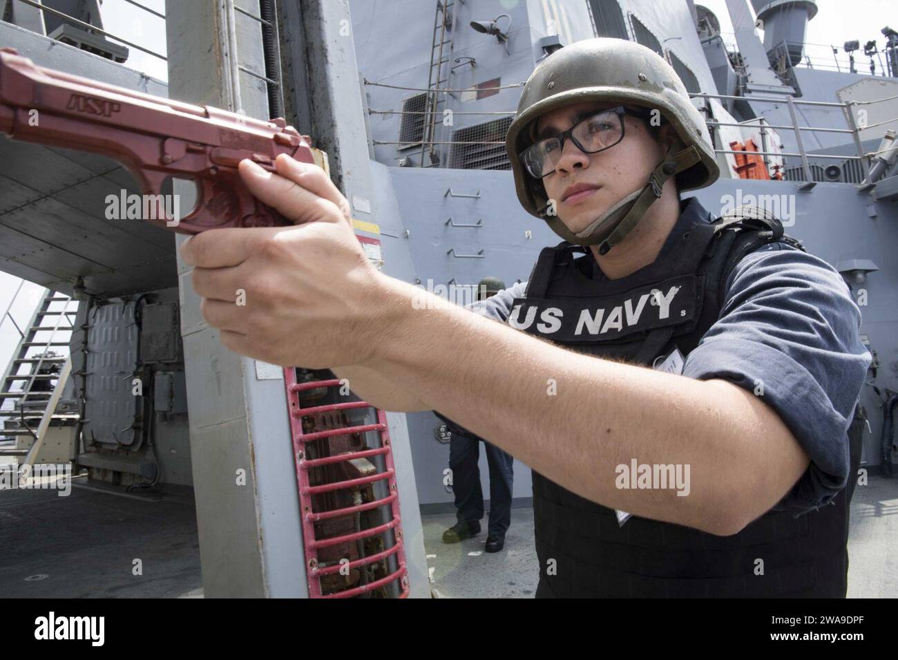 US military forces. 180628KP946-0210 MEDITERRANEAN SEA (June 28, 2018) Sonar Technician (Surface) 3rd Class Gerardo Diaz, from Lompoc, California, participates in an antiterrorism/force protection drill aboard the Arleigh Burke-class guided-missile destroyer USS Donald Cook (DDG 75) June 28, 2018. Donald Cook, forward-deployed to Rota, Spain, is on its seventh patrol in the U.S. 6th Fleet area of operations in support of regional allies and partners, and U.S. national security interests in Europe and Africa. (U.S. Navy photo by Mass Communication Specialist 2nd Class Alyssa Weeks / Released) Stock Photo