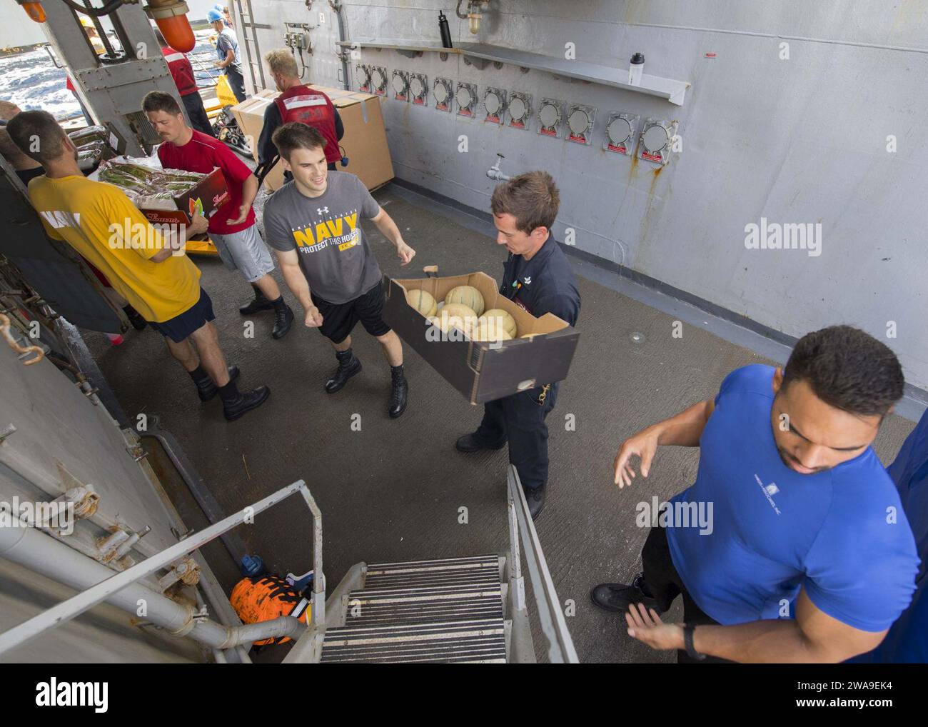 US military forces. 180707IC246-0122 MEDITERRANEAN SEA (July 7, 2018) Sailors aboard guided-missile destroyer USS Arleigh Burke (DDG 51) form a working party to move stores. With the aircraft carrier USS Harry S. Truman (CVN 75) as the flagship, deploying strike group assists include staffs, ships, and aircraft of Carrier Strike Group (CSG) 8, Destroyer Squadron (DESRON) 28 and Carrier Air Wing (CVW) 1; as well as Sachen-class German Frigate FGS Hessen (F 221). (U.S. Navy photo by Mass Communication Specialist Seaman Raymond Maddocks/Released) Stock Photo