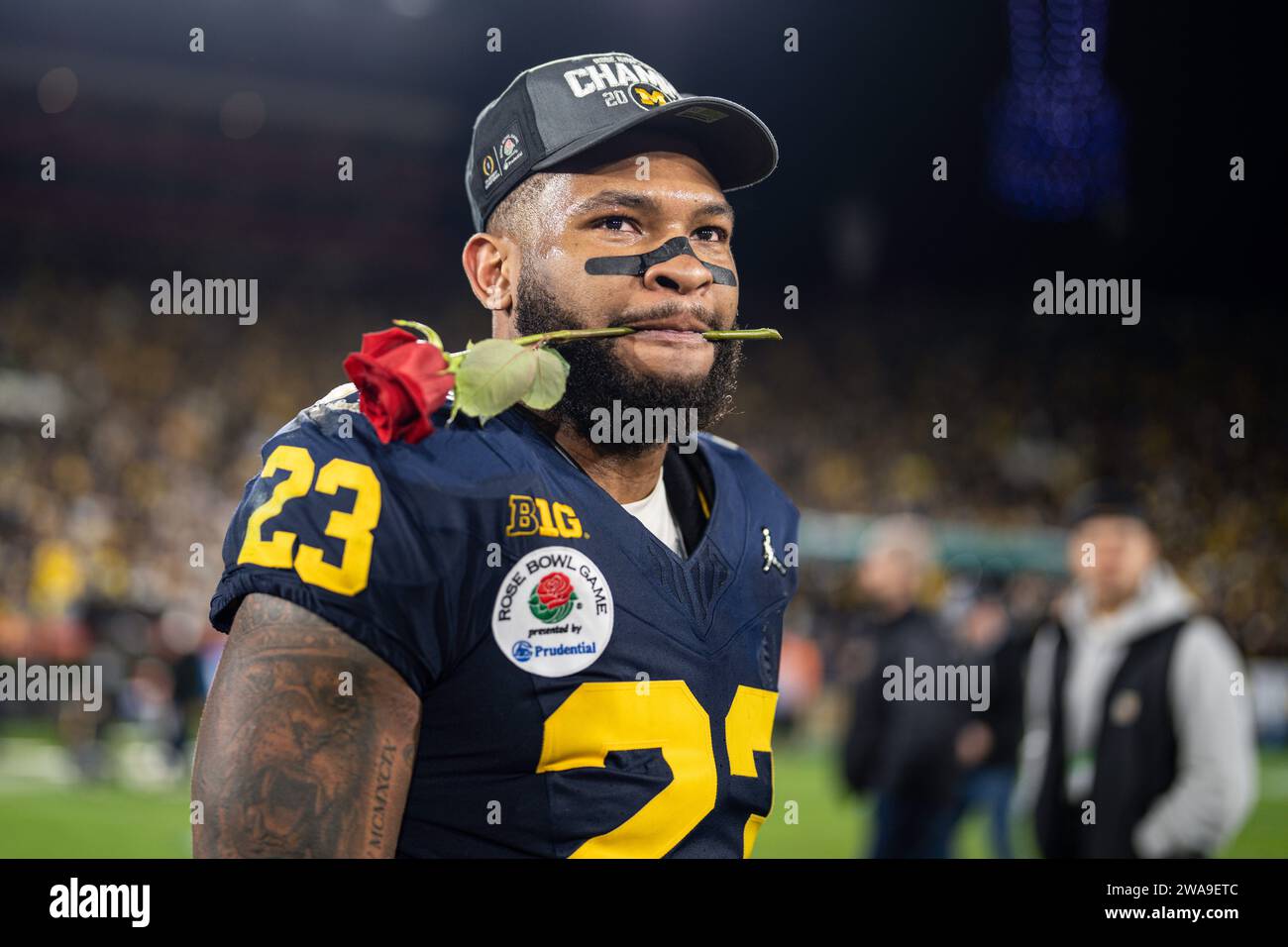 Michigan Wolverines linebacker Michael Barrett (23) celebrates a victory after the CFP Semifinal at the Rose Bowl Game against the Alabama Crimson Tid Stock Photo