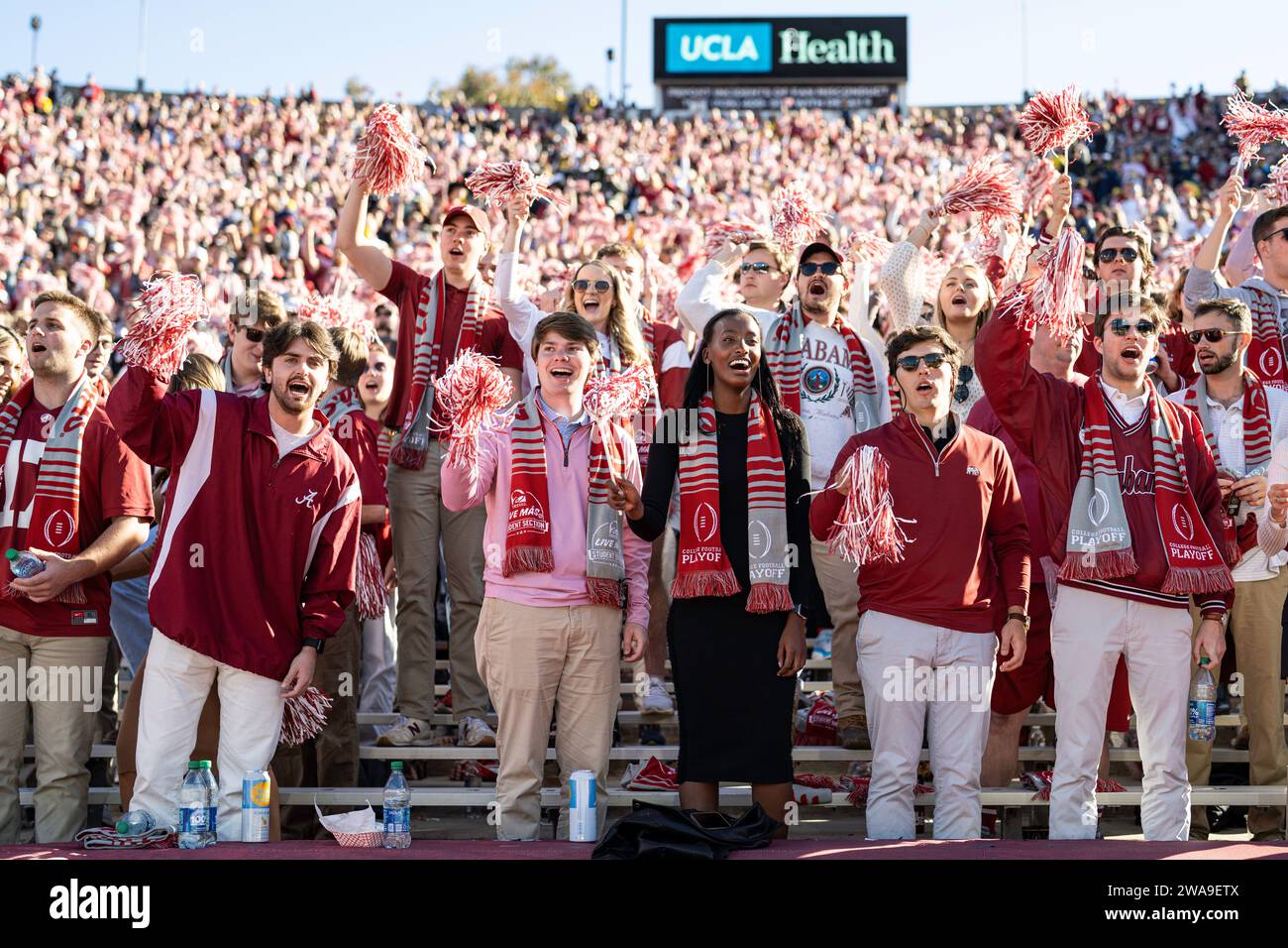 Alabama Crimson Tide fans during the CFP Semifinal at the Rose Bowl Game between the Alabama Crimson Tide and Michigan Wolverines, Monday, January 1, Stock Photo