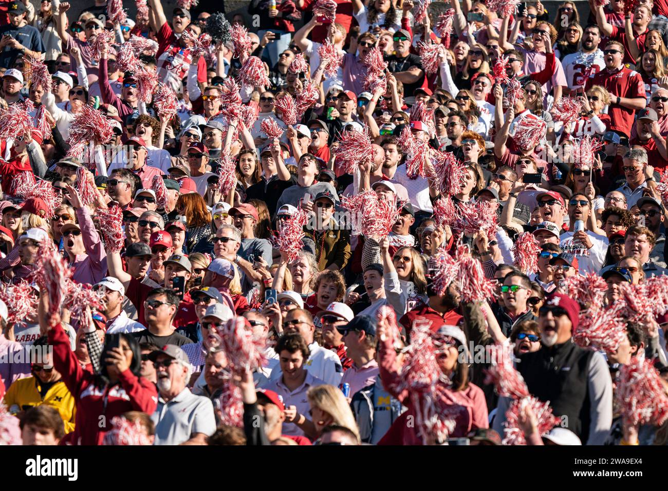 Alabama Crimson Tide fans during the CFP Semifinal at the Rose Bowl Game between the Alabama Crimson Tide and Michigan Wolverines, Monday, January 1, Stock Photo