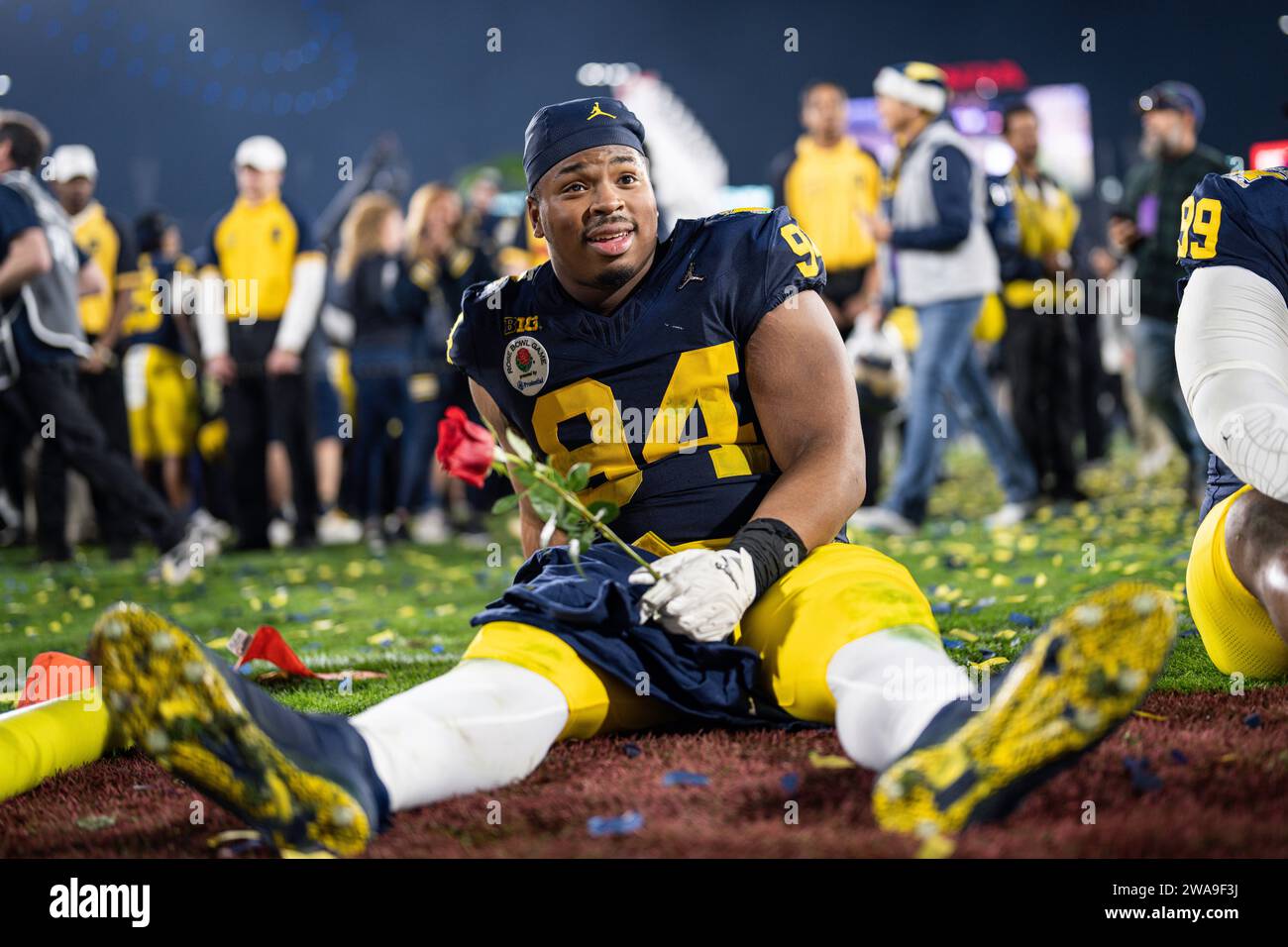 Michigan Wolverines defensive lineman Kris Jenkins (94) celebrates a victory after winning the CFP Semifinal at the Rose Bowl Game against the Alabama Stock Photo