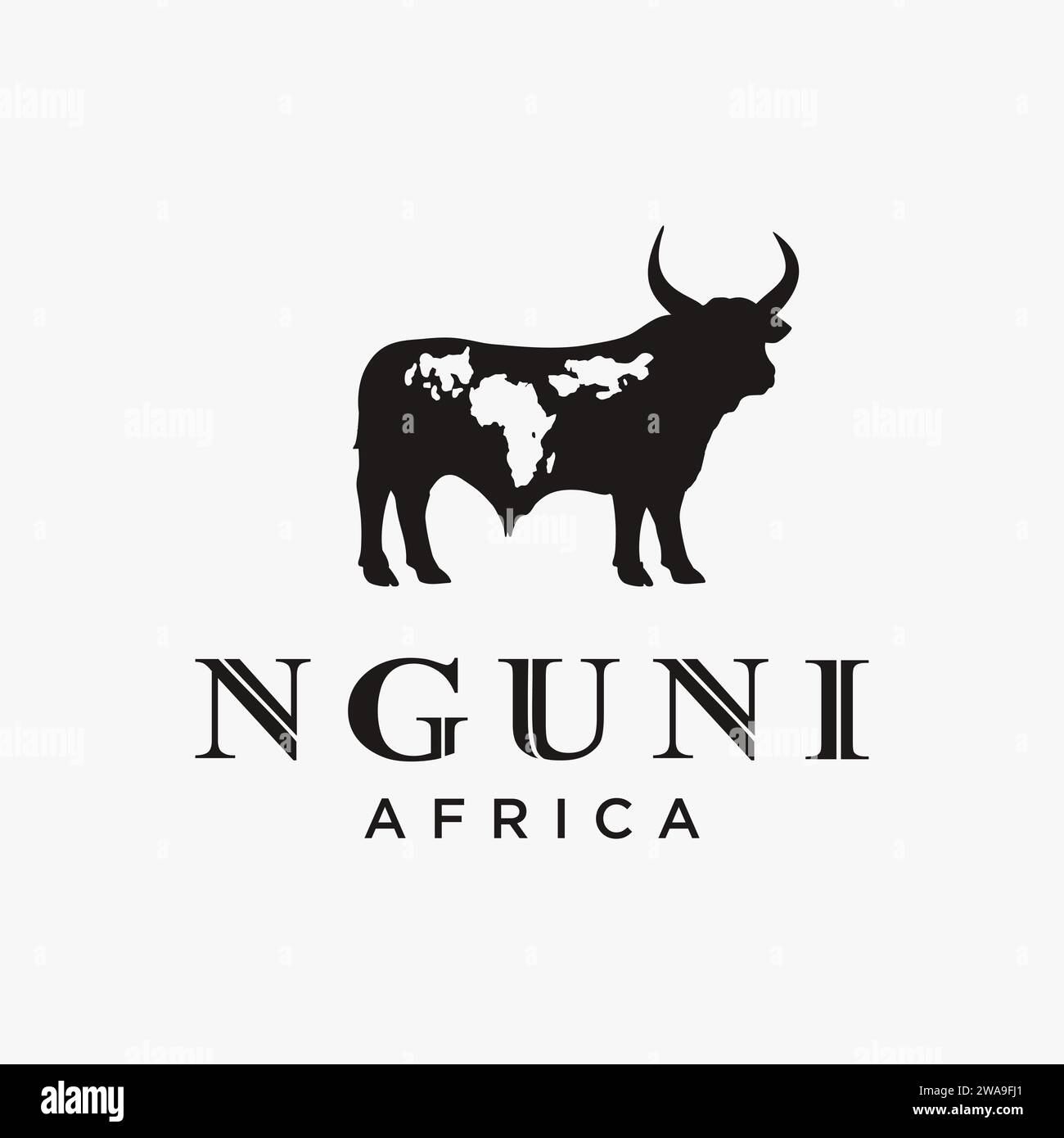 Nguni buffalo cow logo icon vector template on white background with african word map mark Stock Vector