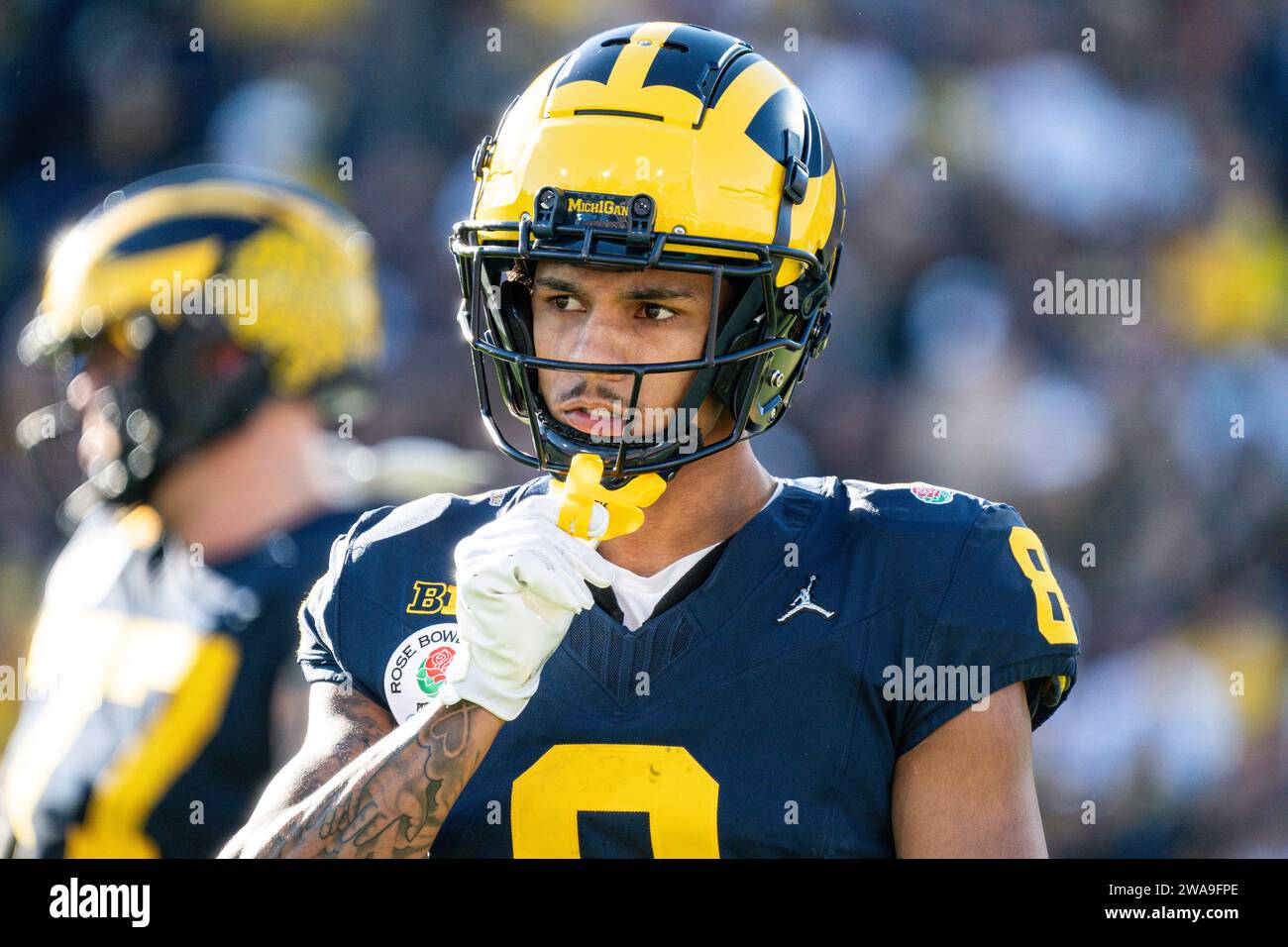 Michigan Wolverines wide receiver Tyler Morris (8) during the CFP Semifinal at the Rose Bowl Game against the Alabama Crimson Tide, Monday, January 1, Stock Photo
