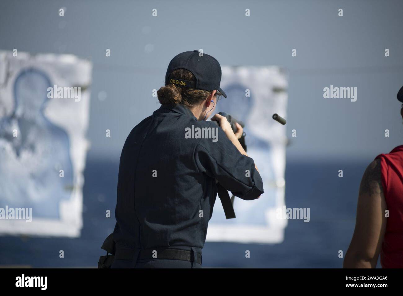 US military forces. 180923EV253-226 MEDITERRANEAN SEA (Sept. 23, 2018) Operations Specialist 2nd Class Annie Sabourin fires an M500 shotgun during a live-fire exercise aboard the Arleigh Burke-class guided-missile destroyer USS Bulkeley (DDG 84) Sept. 23, 2018. Bulkeley, homeported at Naval Station Norfolk, is conducting naval operations in the U.S. 6th Fleet area of operations in support of U.S. national security interests in Europe and Africa. (U.S. Navy photo by Mass Communication Specialist 3rd Class Sara Eshleman/Released) Stock Photo