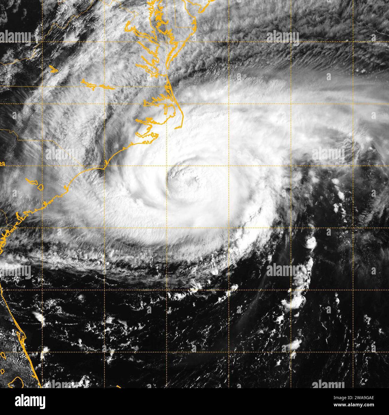 US military forces. WASHINGTON (Sept. 13, 2018) A satellite image of the Atlantic Ocean from the GOES 16 Advanced Baseline Imager showing Hurricane Florence at 7:45 a.m. EST. Florence is currently a Category 2 hurricane with maximum sustained winds at 105 mph. The center of the storm at 11:00 a.m. EST was 145 miles east-southeast of Wilmington, N.C., moving northwest at 10 mph. (U.S. Navy photo via NRL/Released) Stock Photo