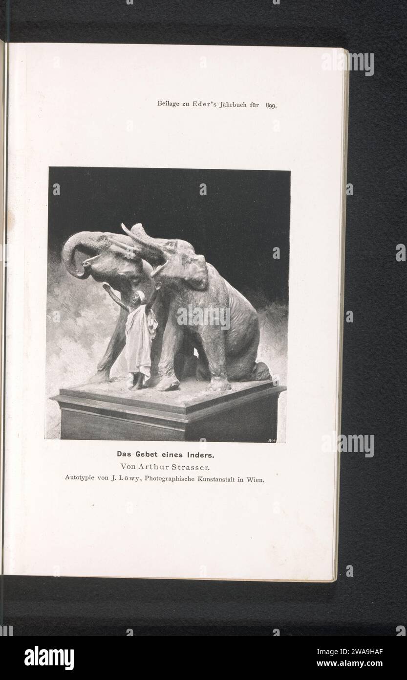 Sculpture The prayer of an Indian by Arthur Strasser, Josef Löwy, c. 1894 - in or before 1899 photomechanical print   paper  sculpture. historical persons. trunked animals: elephant India Stock Photo