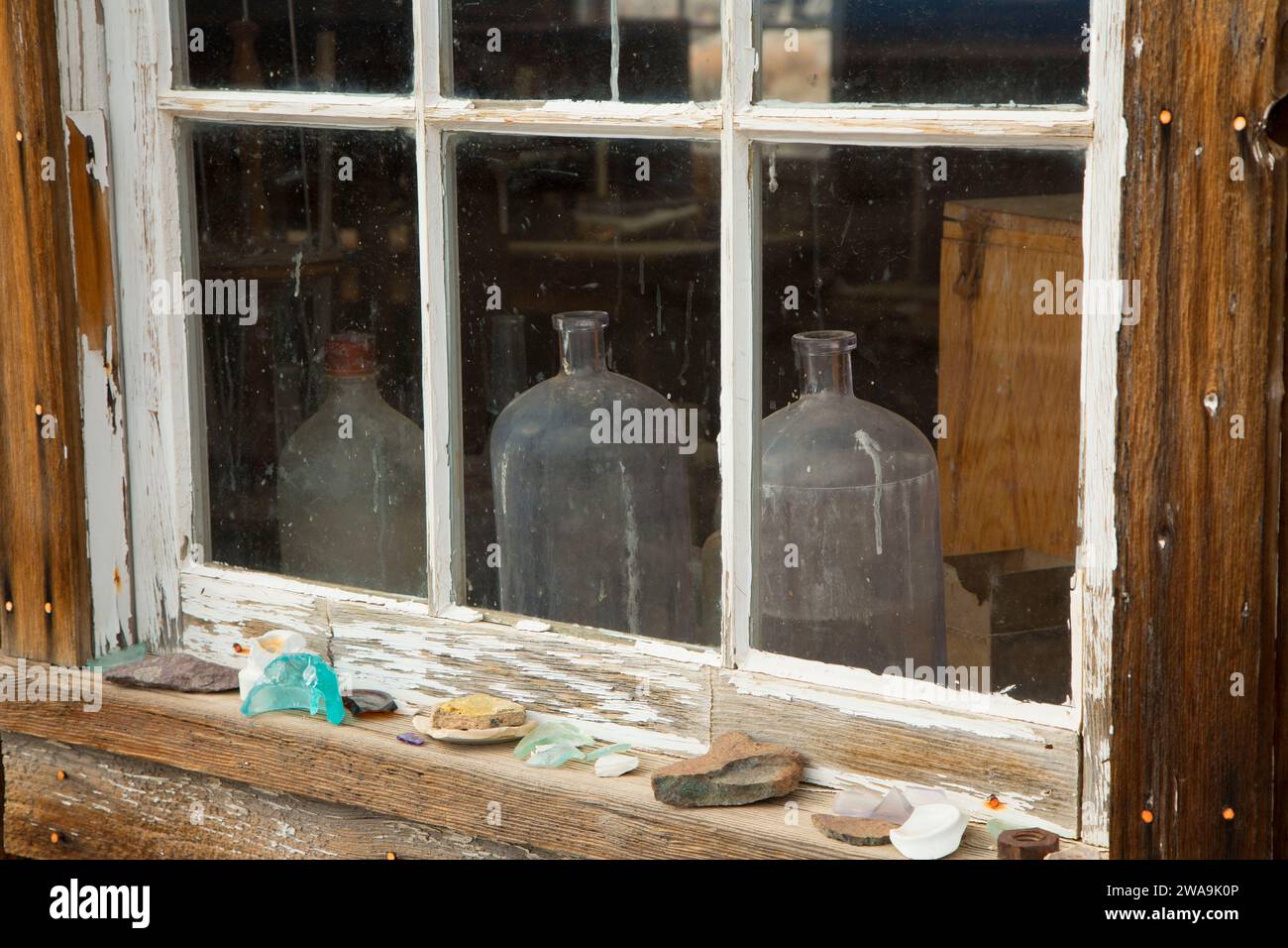 Bottles in window, Berlin-Icthyosaur State Park, Nevada Stock Photo