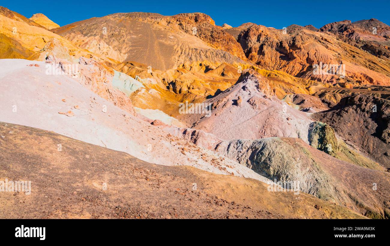 Scenic view of Artist Palette - hills covered in colorful volcanic deposits in Death Valley National Park, California Stock Photo