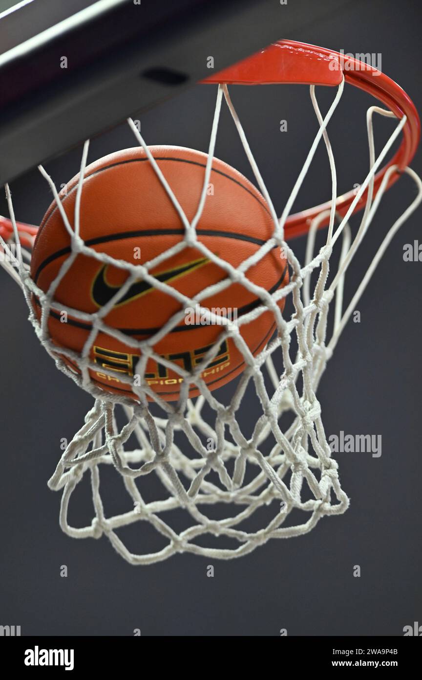 STORRS, CT JANUARY 02 A Nike branded basketball goes thru the hoop