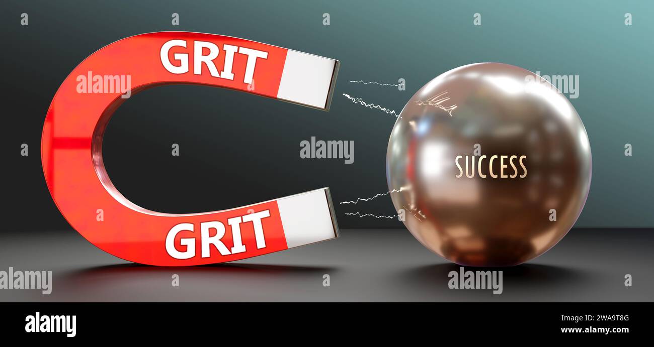 Grit attracts Success. A metaphor showing grit as a big magnet that ...