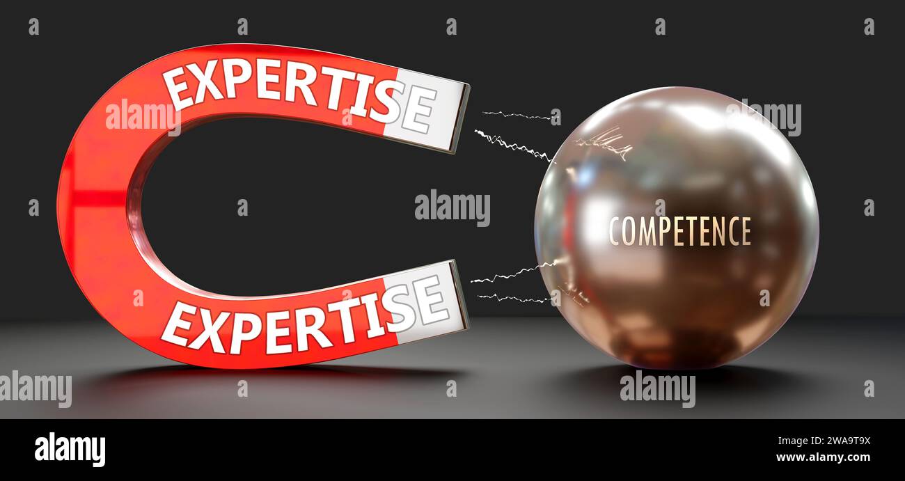 Expertise attracts Competence. A metaphor showing expertise as a big magnet that attracts competence. Cause and effect relationship between them.,3d i Stock Photo
