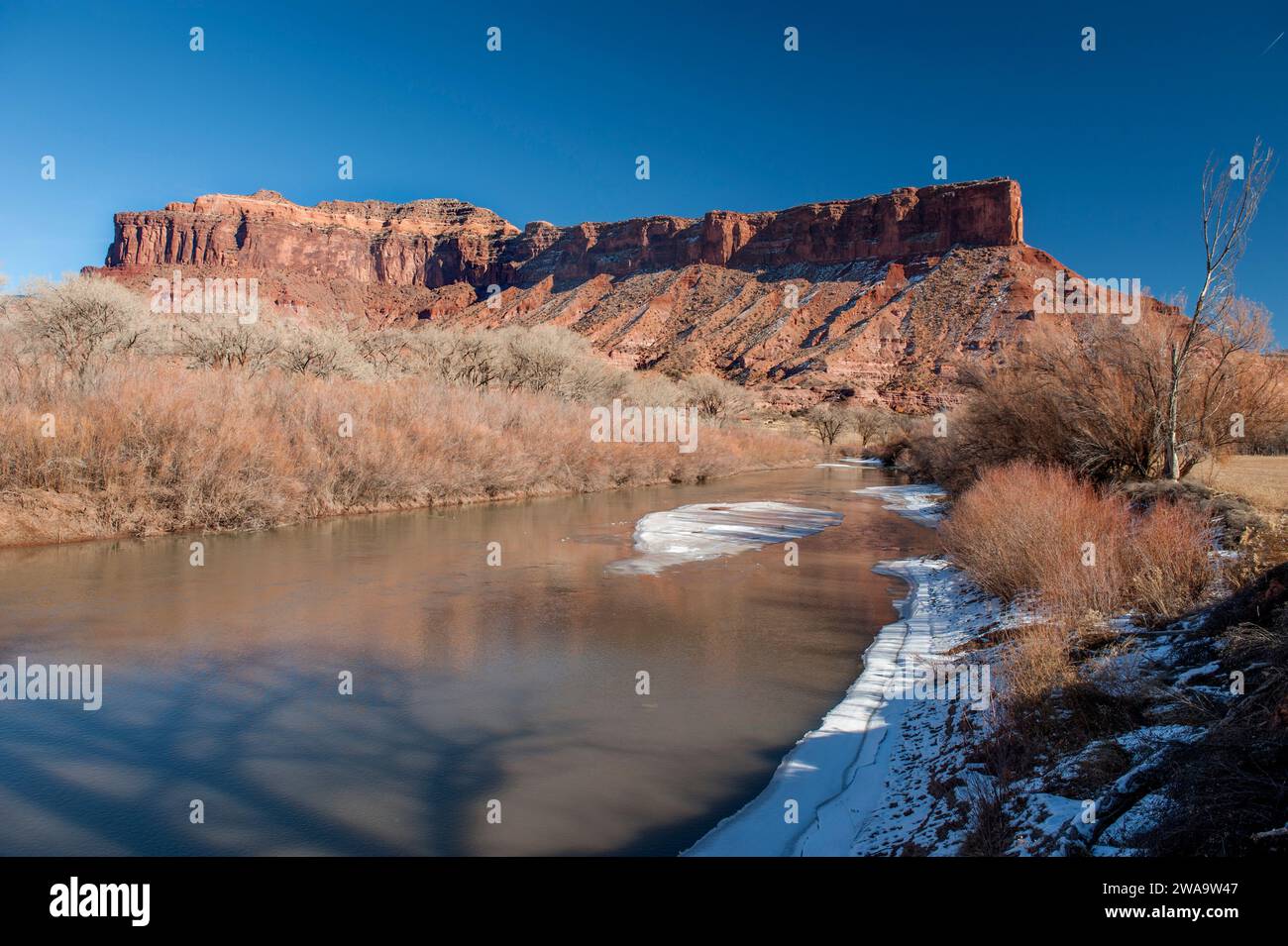 The Dolores River flows past The Palisade at Gateway, Colorado. Six