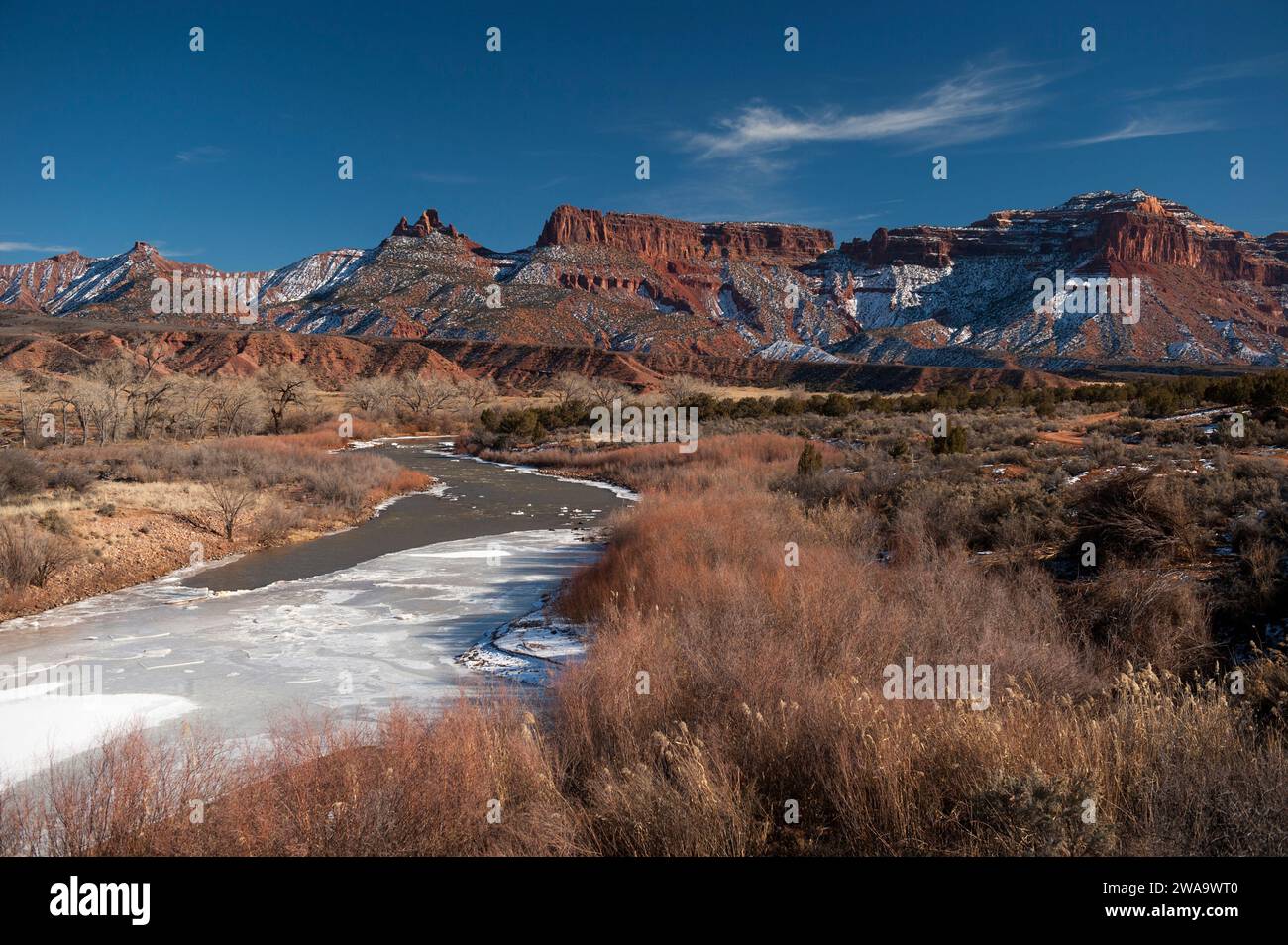 The Dolores River flows past The Palisade at Gateway, Colorado. Six