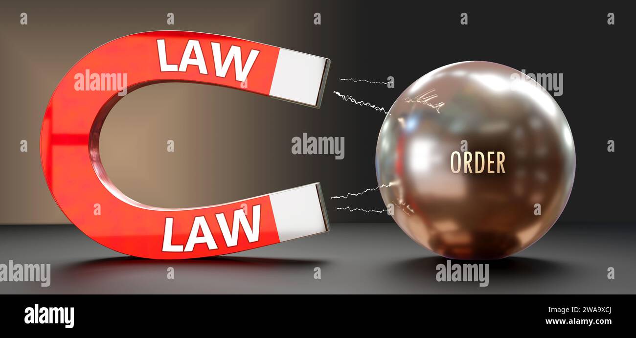 Law attracts Order. A metaphor showing law as a big magnet that attracts order. Cause and effect relationship between them.,3d illustration Stock Photo