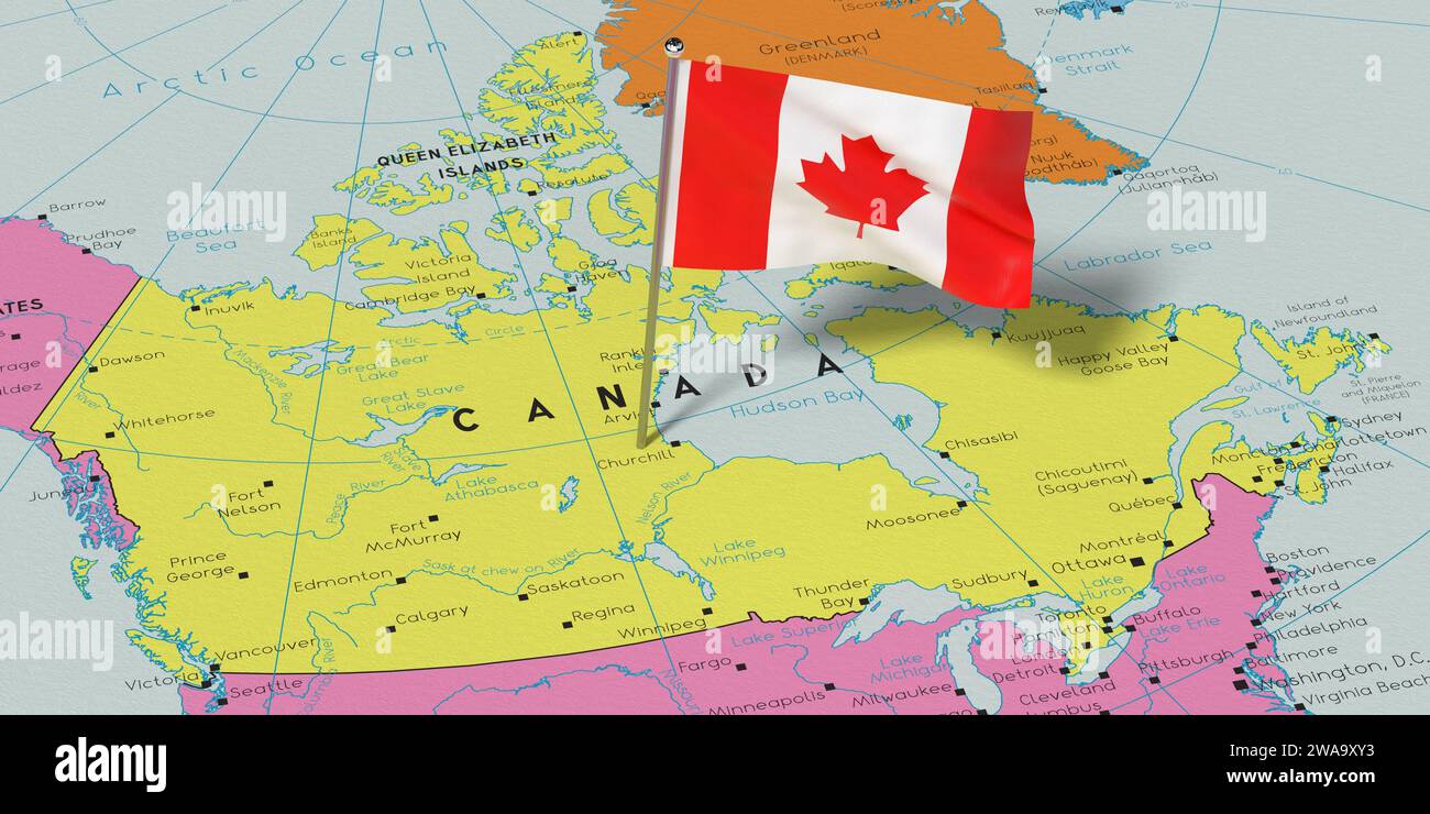 Canada - national flag pinned on political map - 3D illustration Stock Photo