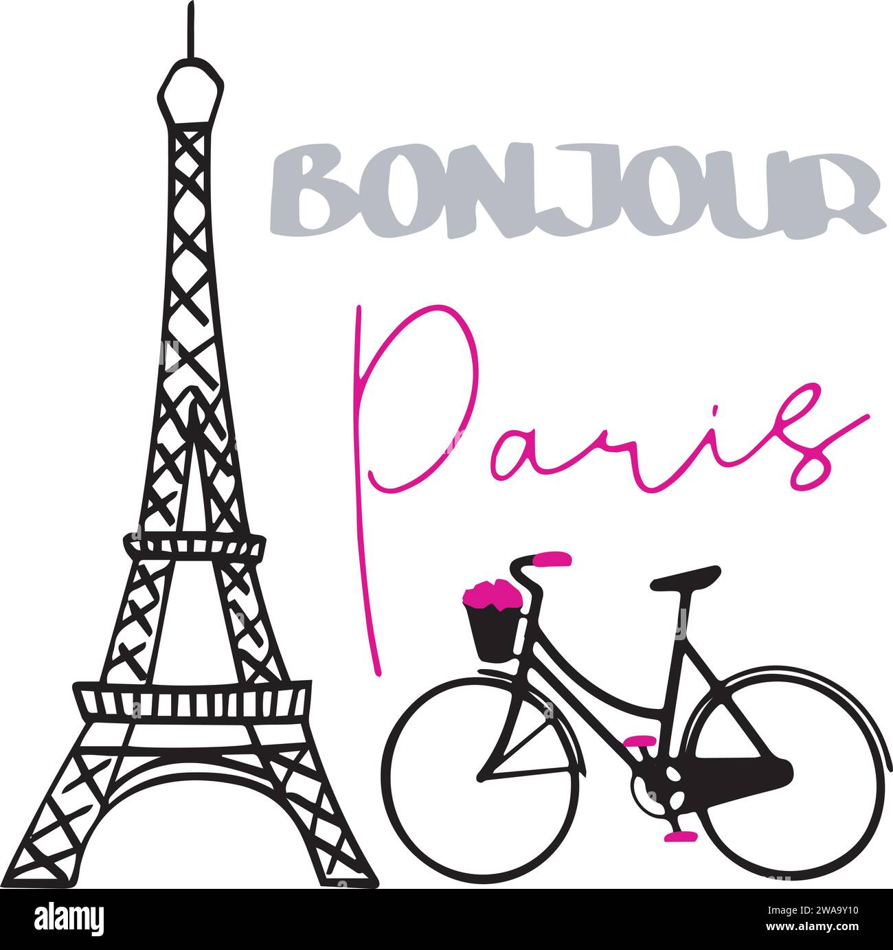 Hand draw Bonjour Paris France Eiffel Tower Bicycle Print Cut Files Design Stock Vector