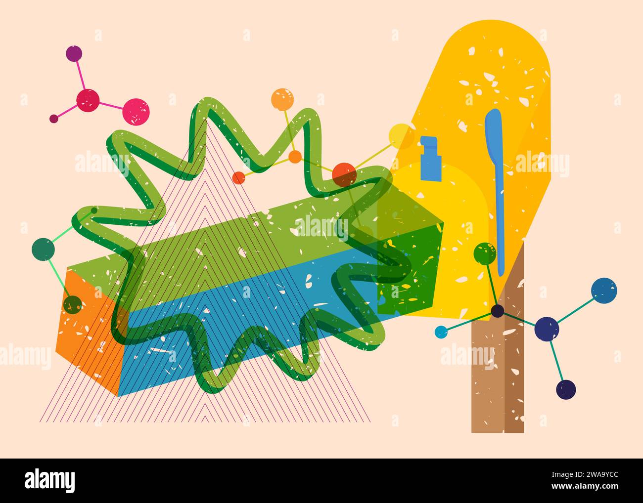 Risograph Mailbox with geometric shapes. Post and objects in trendy riso graph print texture style design with geometry elements. Stock Vector