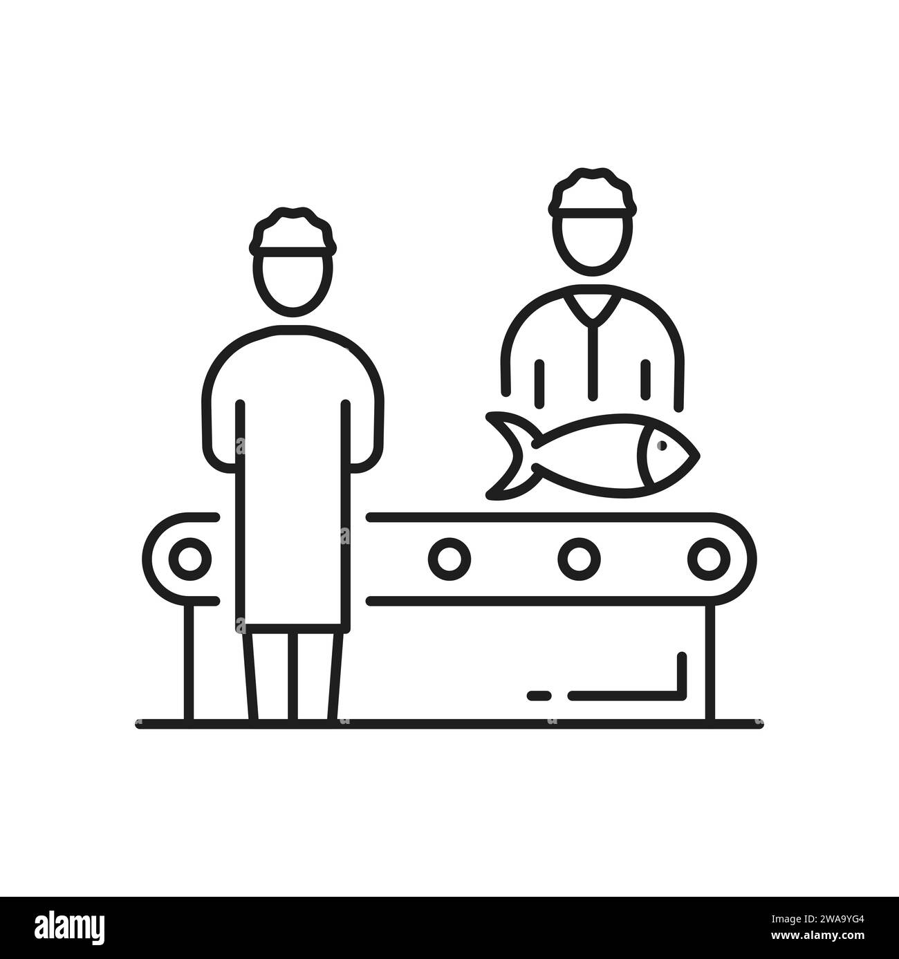 People work on manufacturing of fish products. Fish on industrial