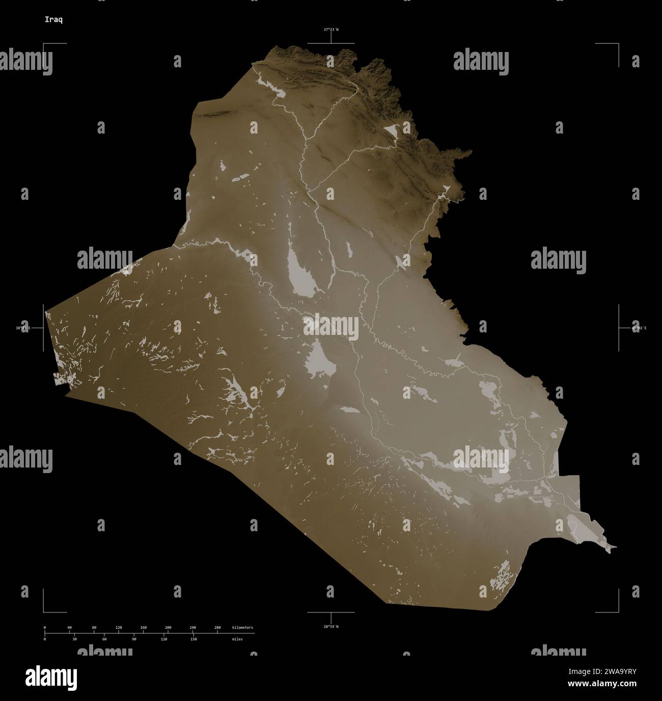 Iraq Map W Rivers Shape of a elevation map colored in sepia tones with lakes and rivers ...