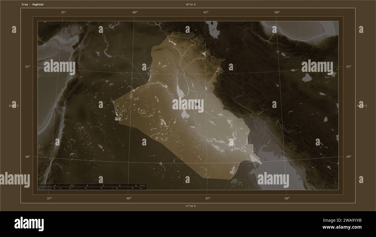 Two Rivvers Iraq Map Iraq highlighted on a elevation map colored in sepia tones with lakes ...