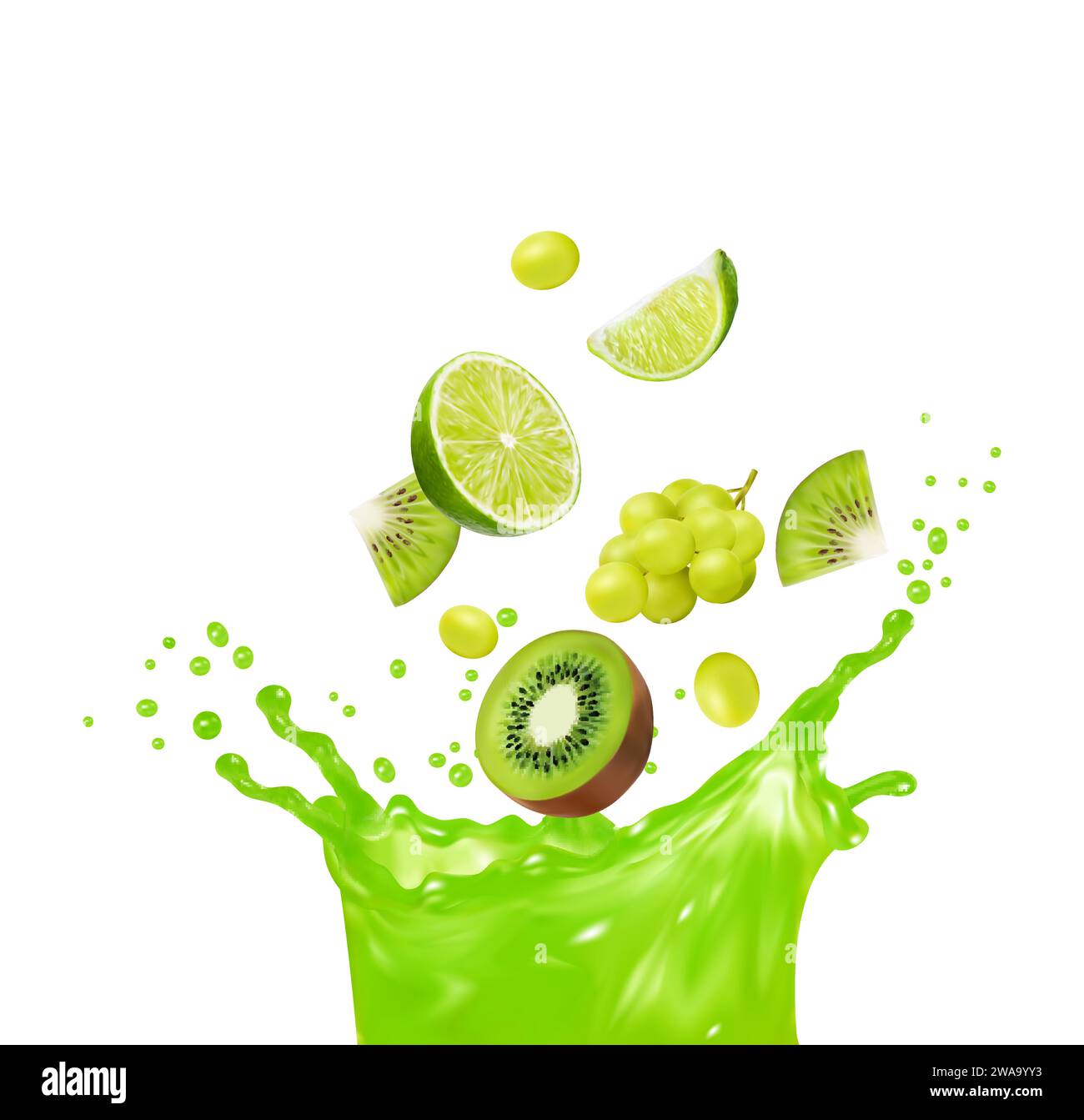 Green fruit juice mix splash. Fresh tropical fruit juice 3d realistic