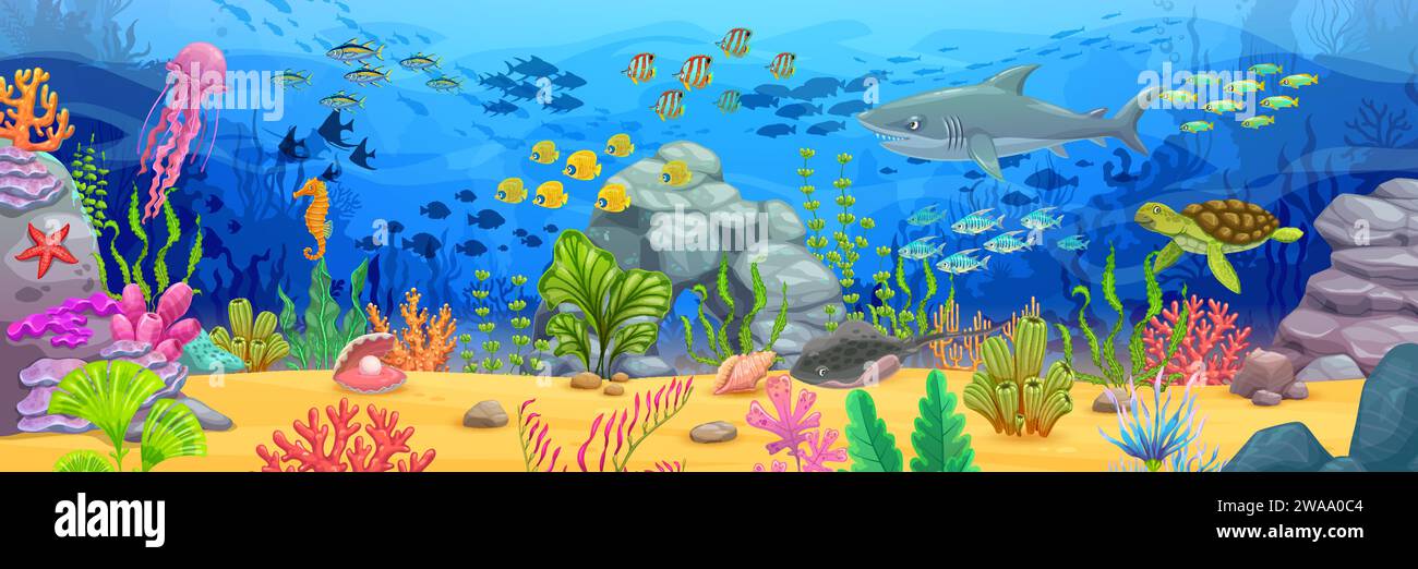 Long banner with sea underwater landscape. Cartoon shark and turtle ...