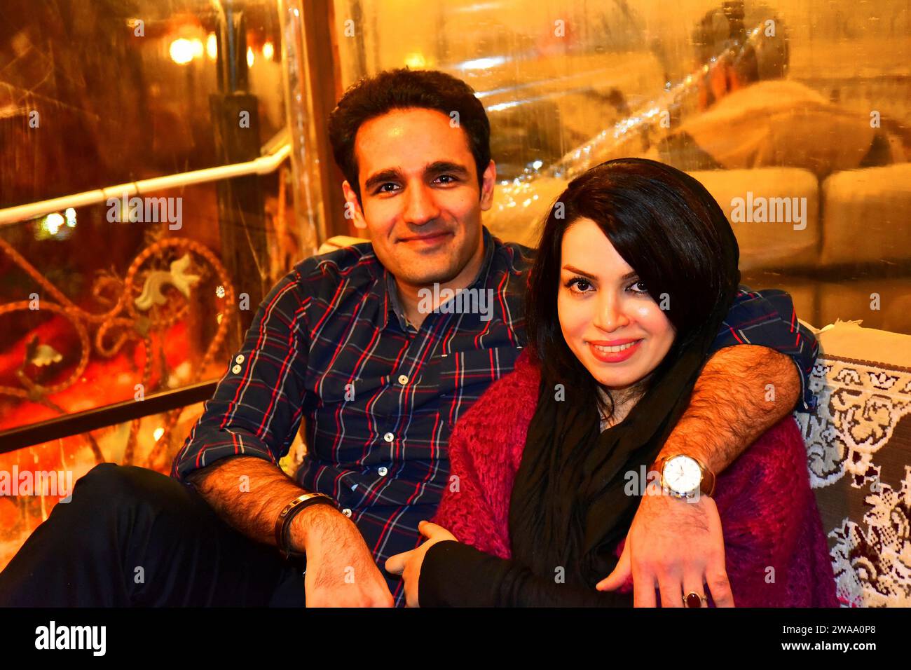Beautiful Iranian couple celebrating valentines day at Darban, Tehran.  Darban - 'door of the mountain' is dotted with cafes and restaurant Stock Photo