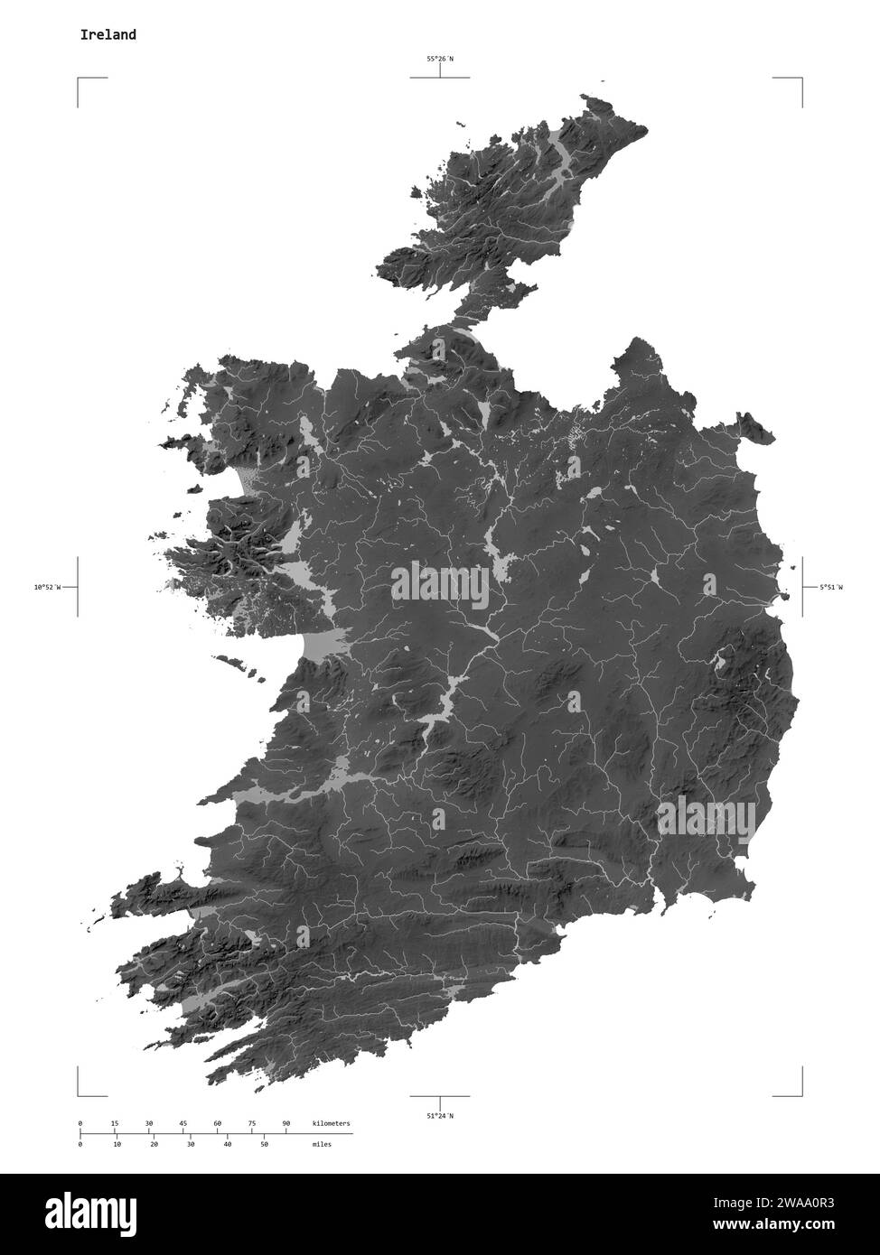 Ireland map zoom border grayscale - Shape Of A Grayscale Elevation Map With Lakes And Rivers Of The Ireland With Distance Scale And Map Border Coordinates Isolated On White 2WAA0R3