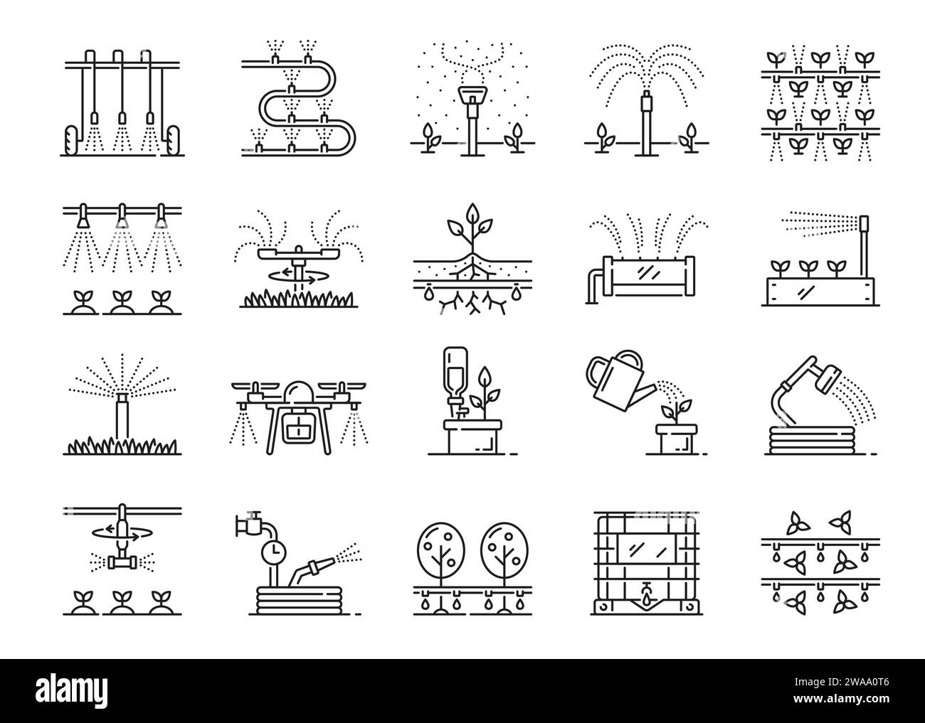 Drip water irrigation system icons. Garden and farm field sprinkler, irrigate technology. Farmland drip watering automatic system, garden aquaponics equipment outline vector pictograms or line signs Stock Vector
