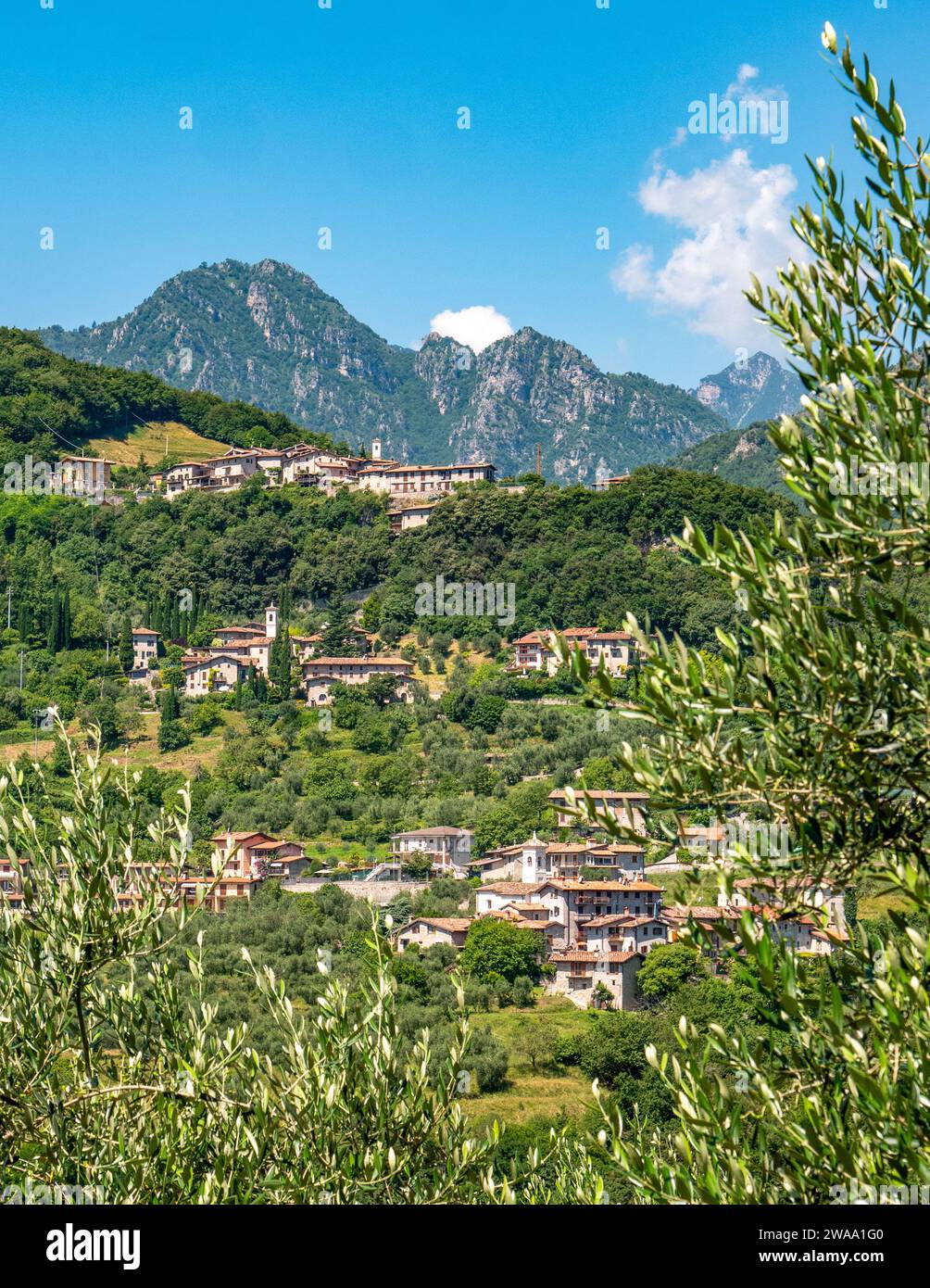 View of the mountain villages of Priezzo, Musio and Sompriezzo, districts of Tremosine on Lake Garda Stock Photo